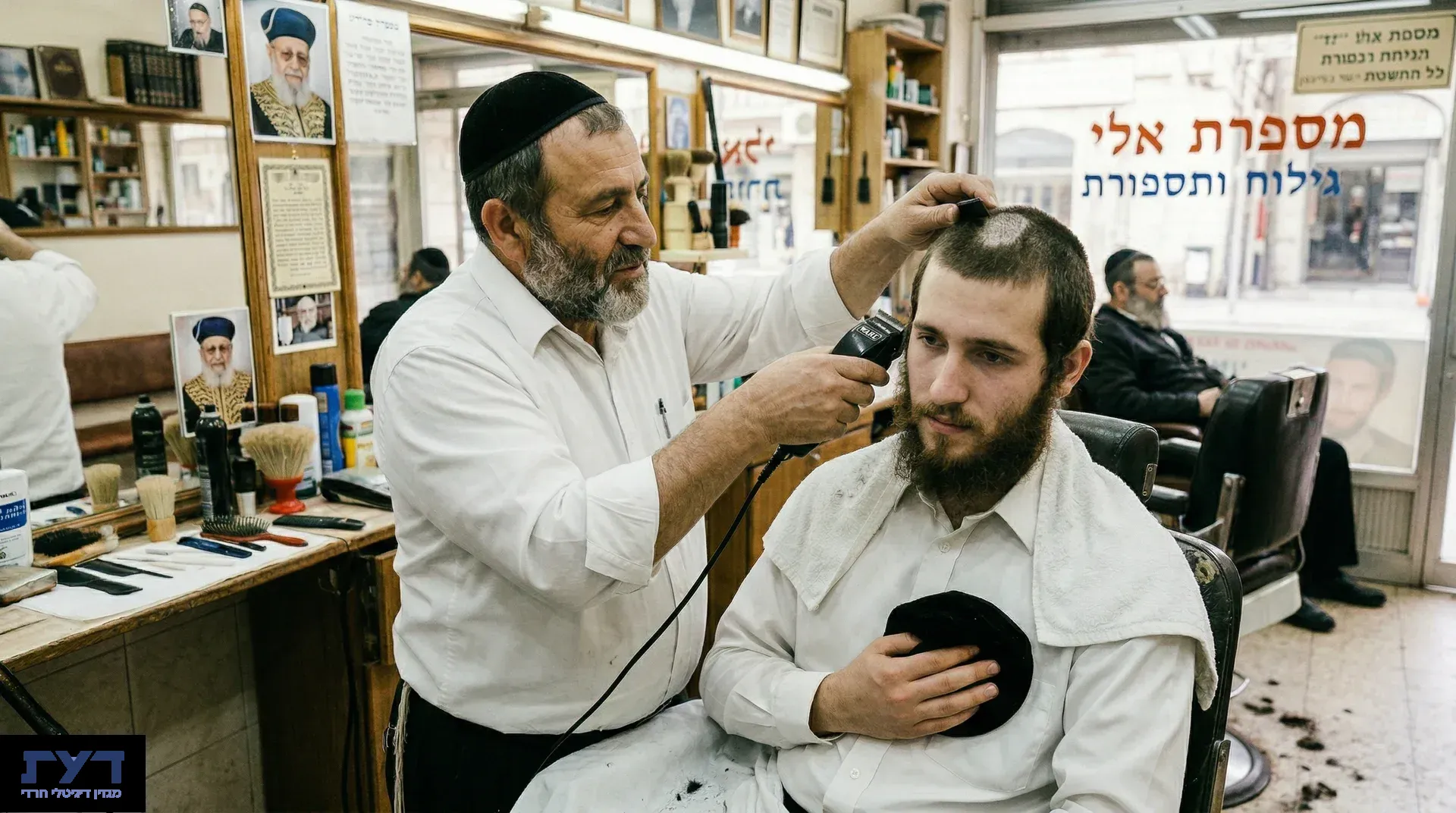ספר חרדי מסתפר גבר צעיר בקודקוד הראש בעזרת מכונת תספורת במספרה מסורתית, הלקוח מחזיק כיפה בידו