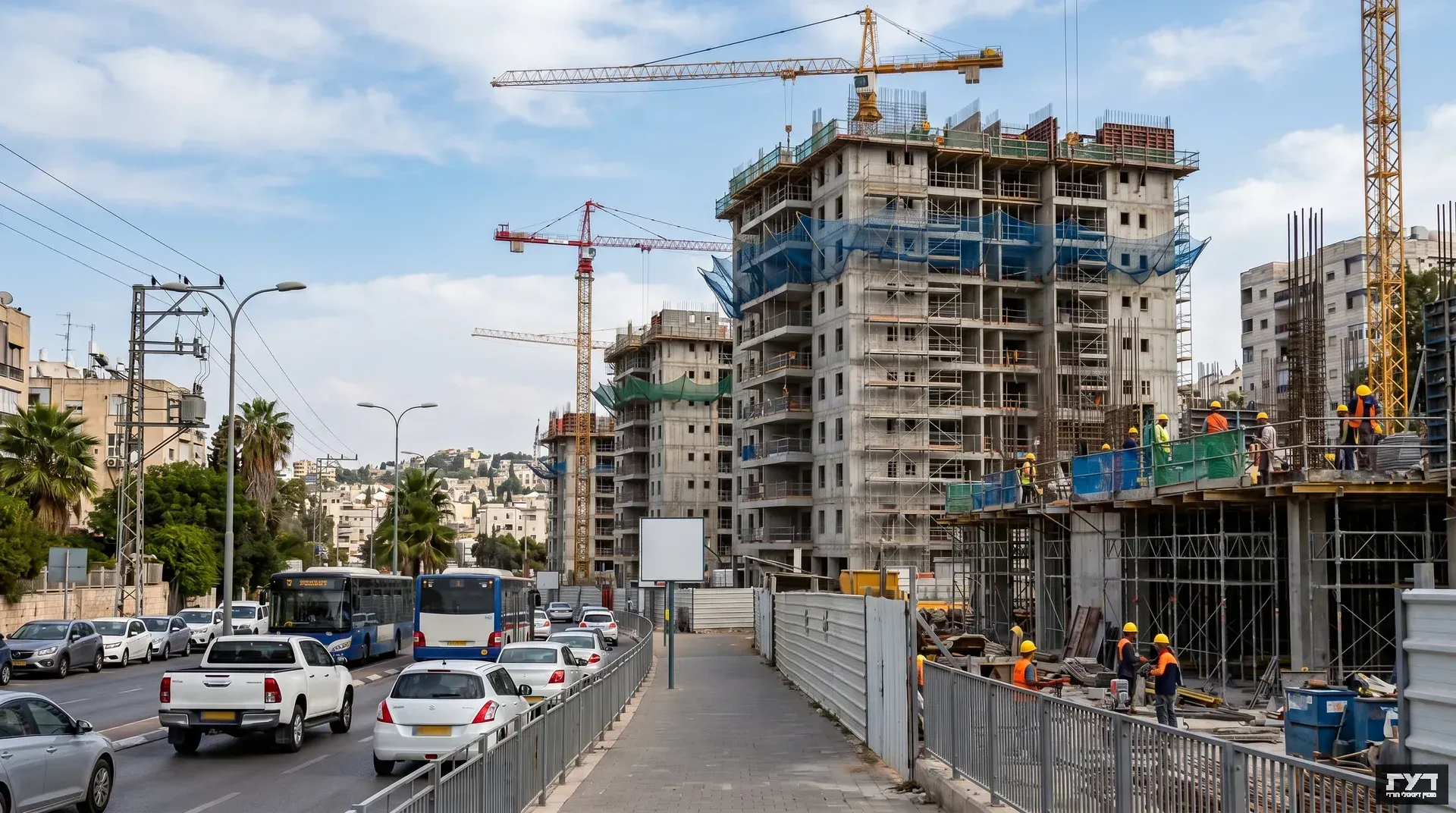 אתר בניה עירוני עם מנופי בנייה, עובדי בניה בוסטים כתומים, בניין מגורים בבנייה ואוטובוסים כחולים ברחוב