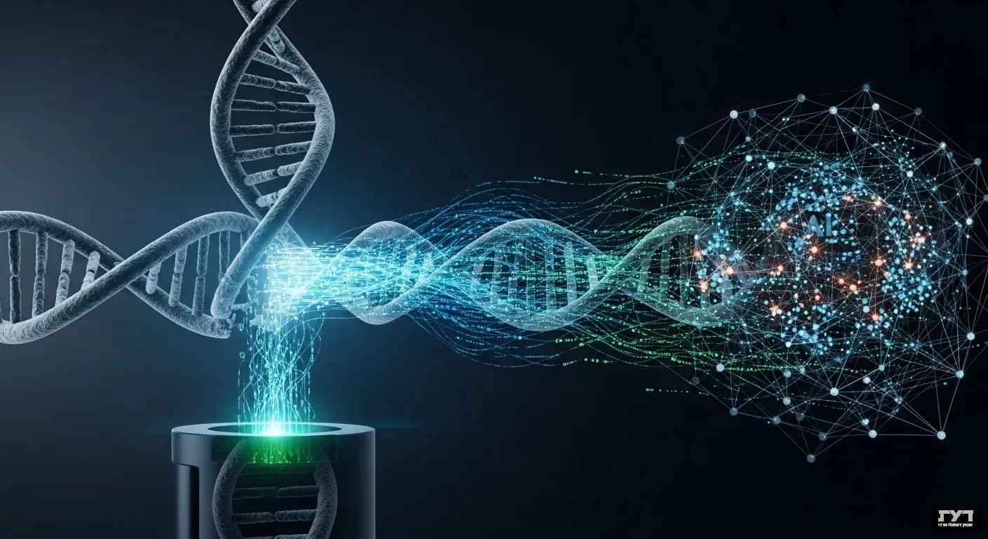 סרט DNA מפורט עובר ניתוח ממוחשב עם ויזואליזציה של נתונים גנומיים וחישובי בינה מלאכותית בגוונים כחולים וירוקים