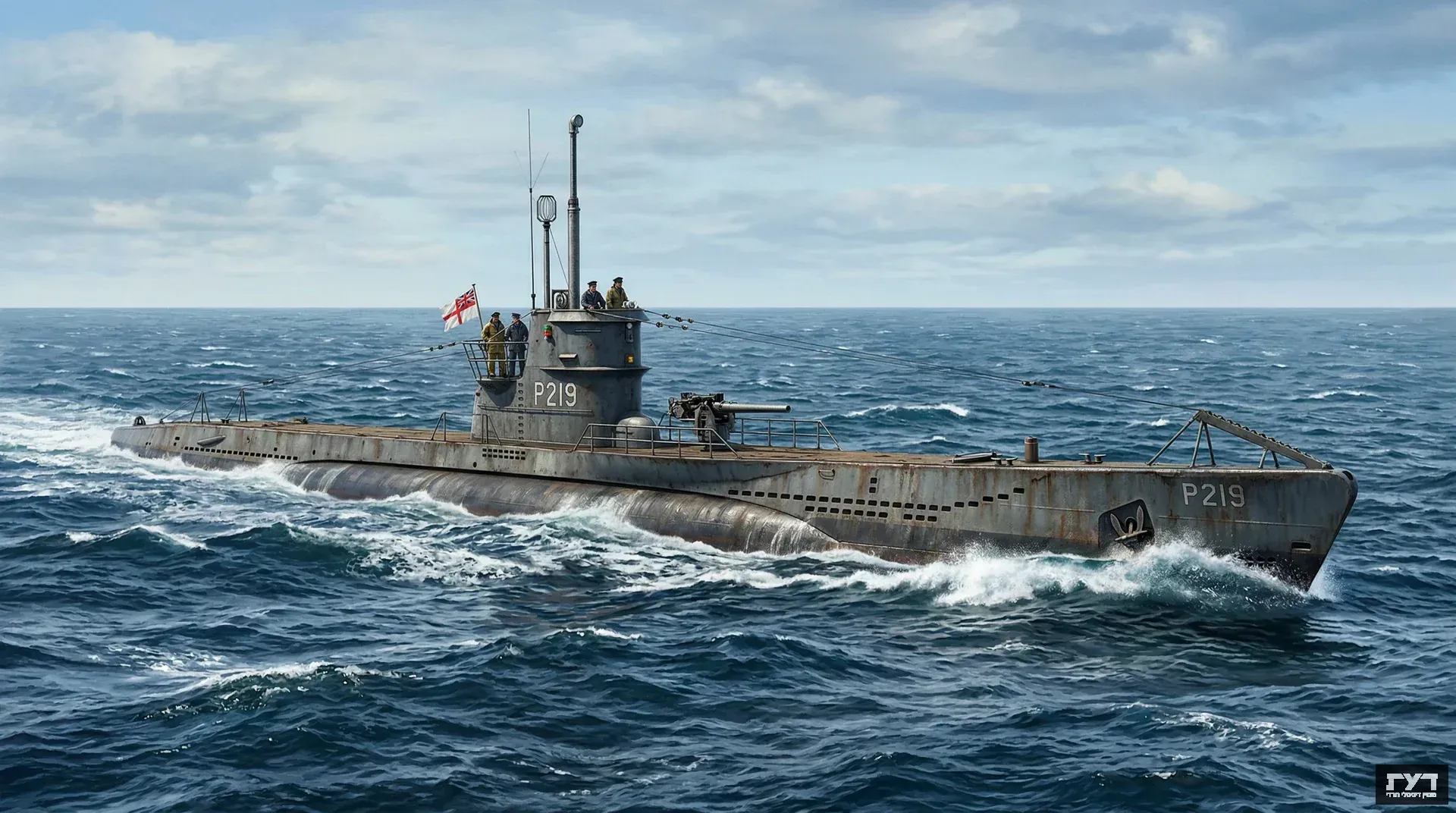 צוללת בריטית HMS Seraph ממלחמת העולם השנייה משייטת בים פתוח, נראית מהצד עם מגדל פיקוד ודגל בריטי