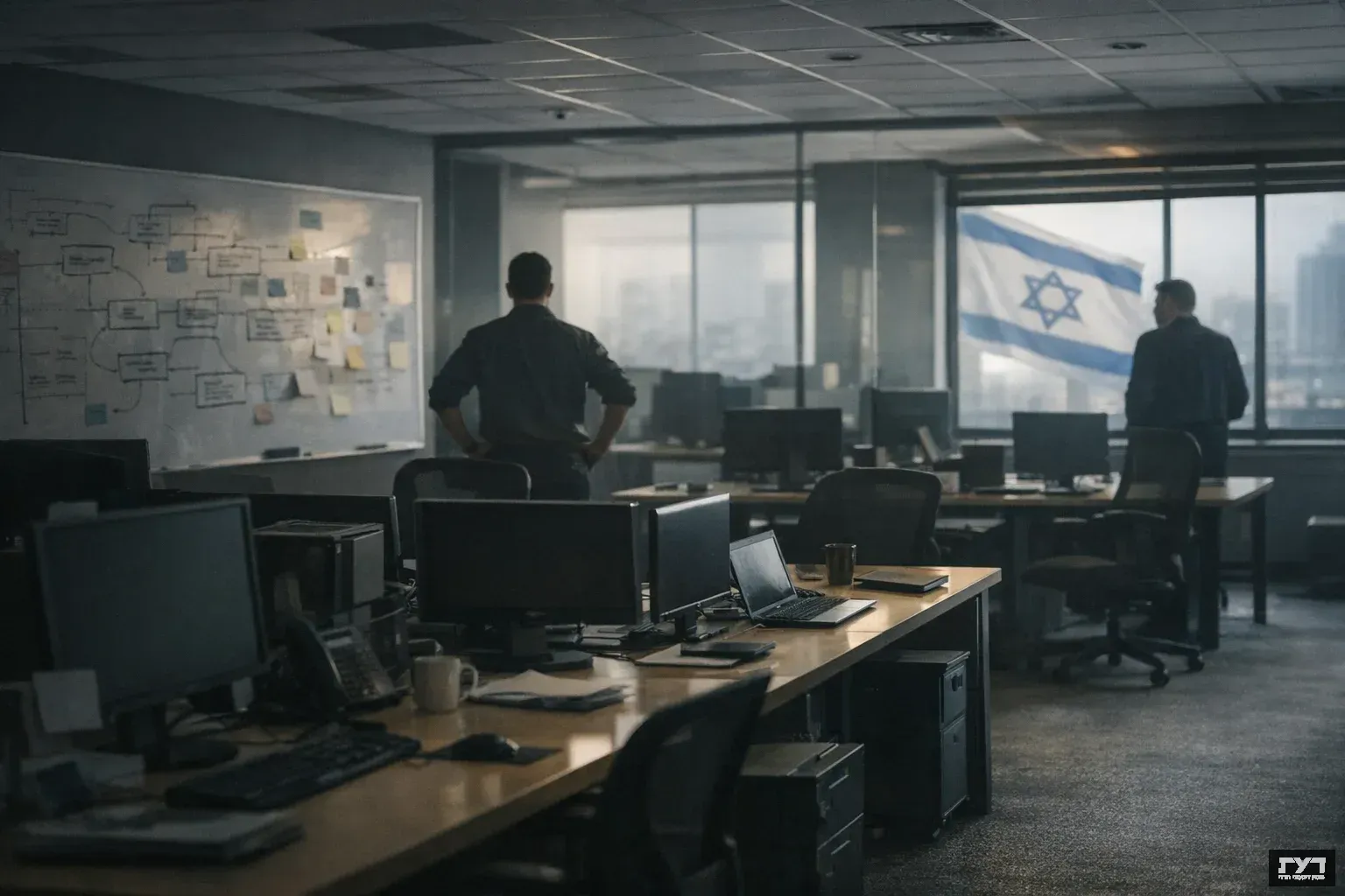 משרד הייטק ישראלי כמעט ריק עם תחנות עבודה נטושות, תאורה עמומה ושני עובדים בצללית על רקע דגל ישראל, משדר אווירה של משבר כלכלי וארגון מחדש