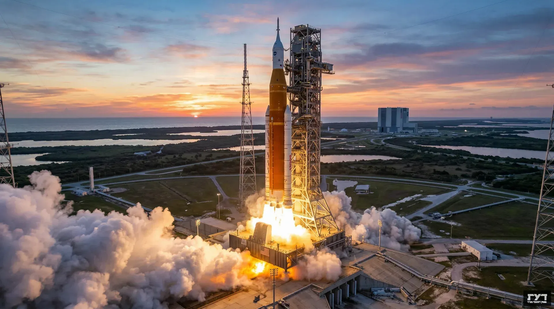 שיגור רקטת NASA SLS מרמת השיגור במרכז קנדי לחלל, להבות כתומות בוערות מהמנועים ועננות עשן לבנים