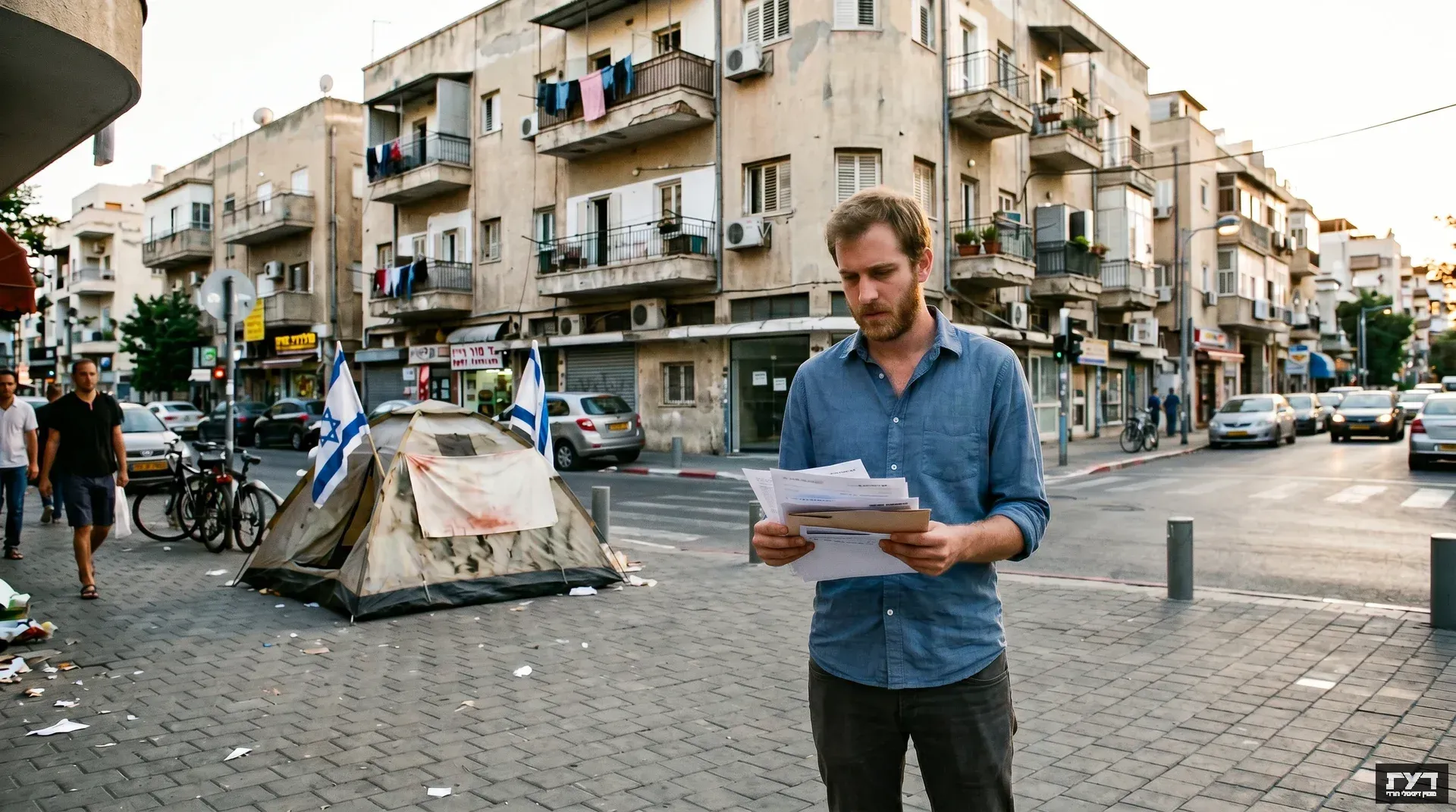 גבר קורא מסמכים בכיכר עירונית ליד אוהל מחאה עם דגלי ישראל, ברקע בניינים ישנים ותנועת רחוב