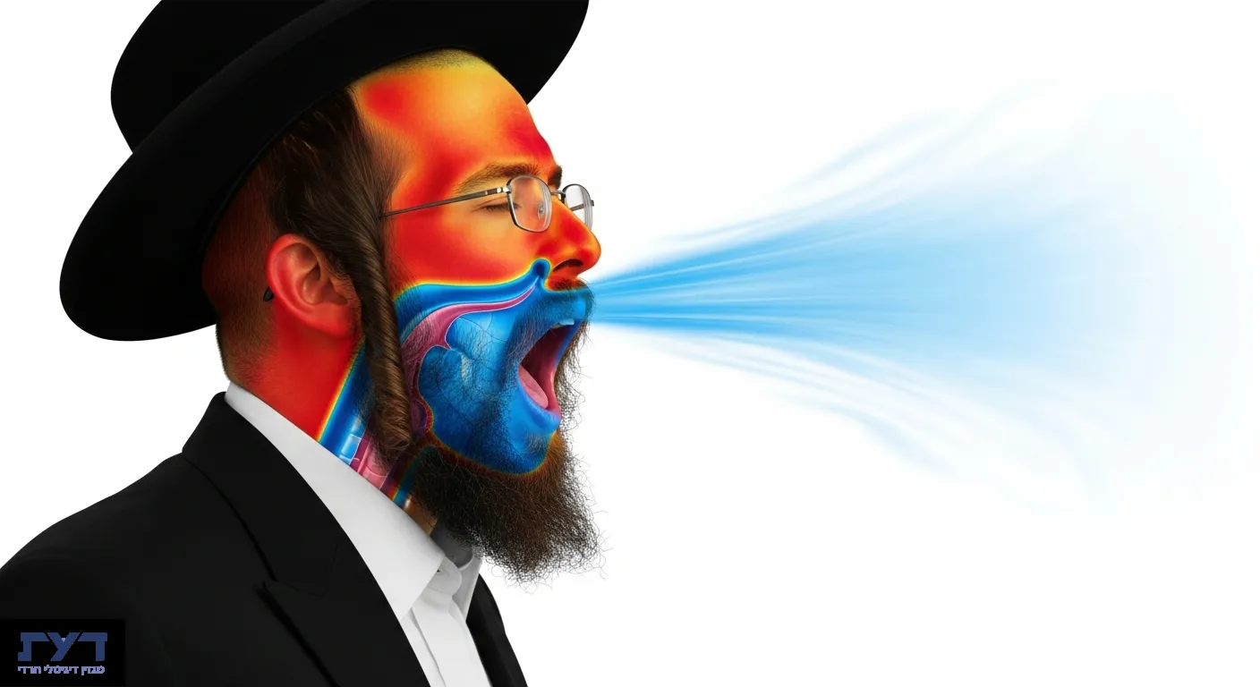 גבר חרדי מפהק בפרופיל עם הדמיית תרמית המראה חום באדום-כתום סביב הראש ואוויר קריר בכחול נכנס דרך הפה והאף