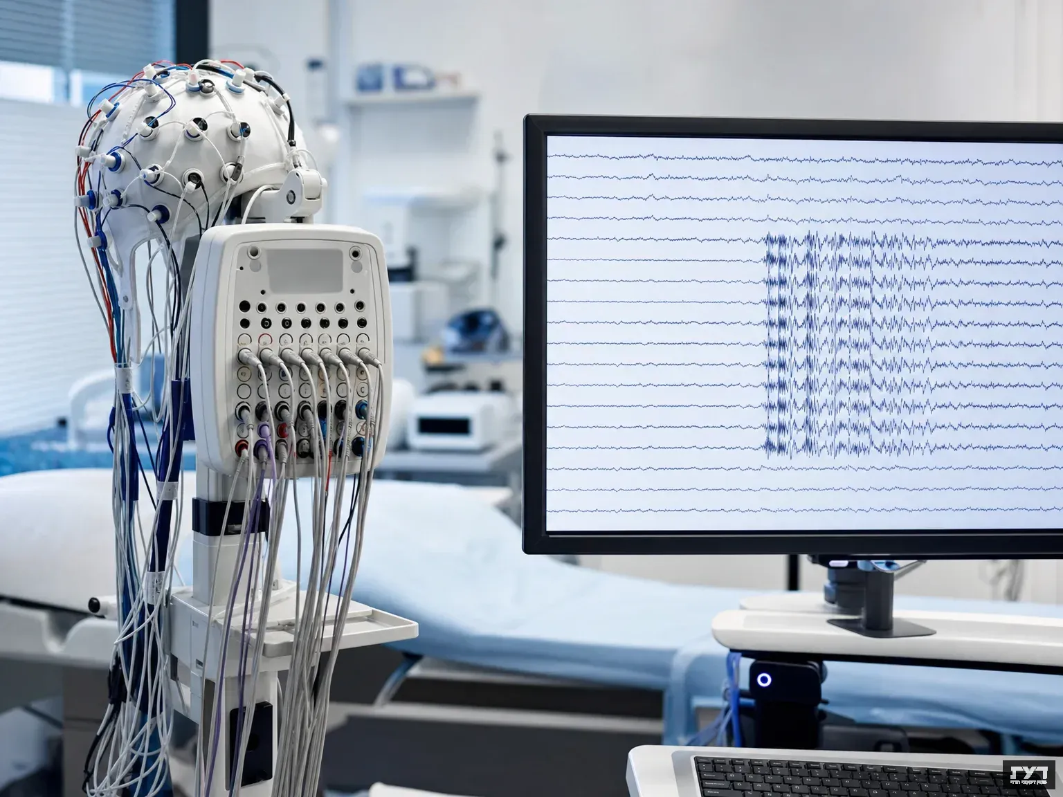 מכשיר EEG עם אלקטרודות ומסך המציג דפוסי גלי מוח אפילפטיים במעבדה רפואית מודרנית עם תאורה מקצועית