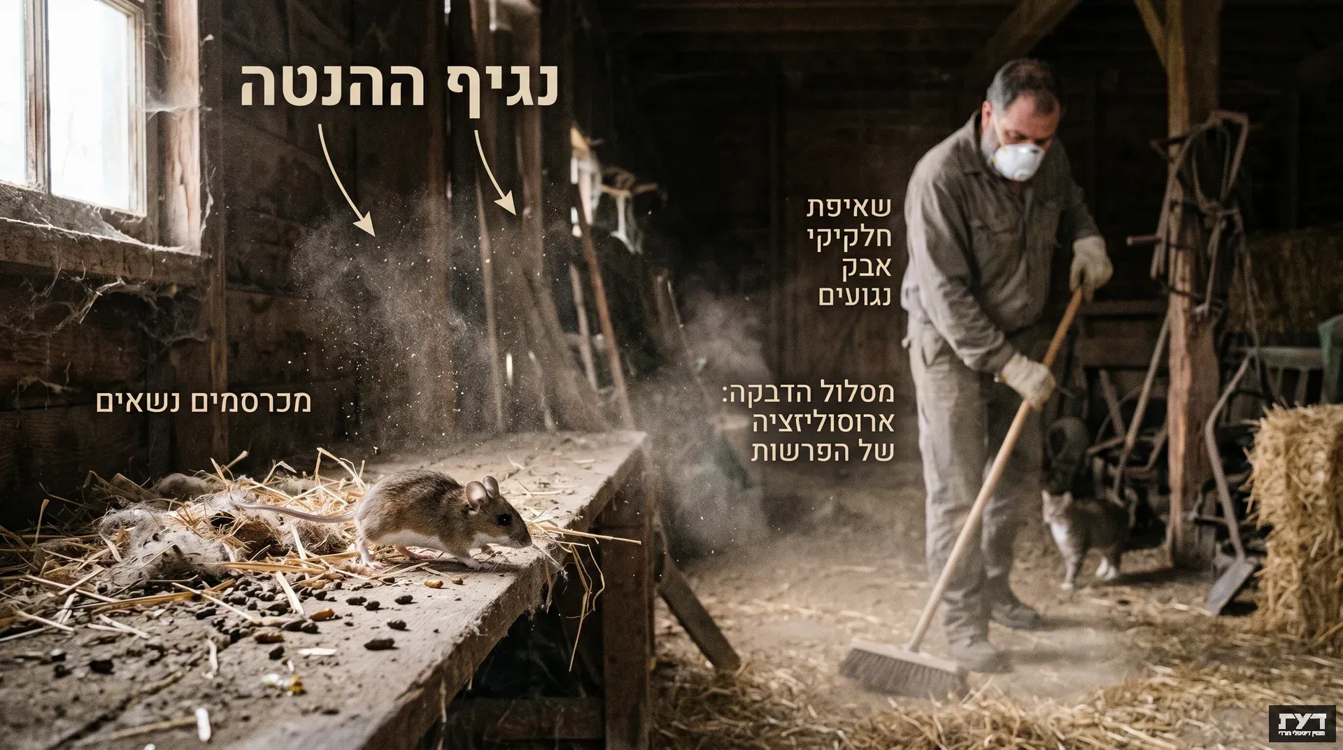 מכרסם נושא נגיף הנטה באסם מוזנח עם אבק ופרשות, עובד עם מסכת הגנה מנקה ברקע
