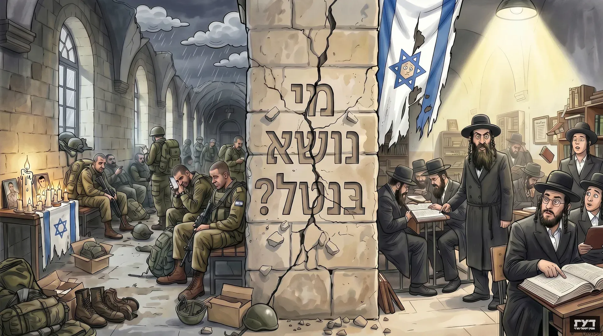 קיר סדוק מפריד בין חיילי צה"ל משמאל ליהודים חרדים לומדי תורה מימין, עם כיתוב עברי במרכז ודגל ישראל