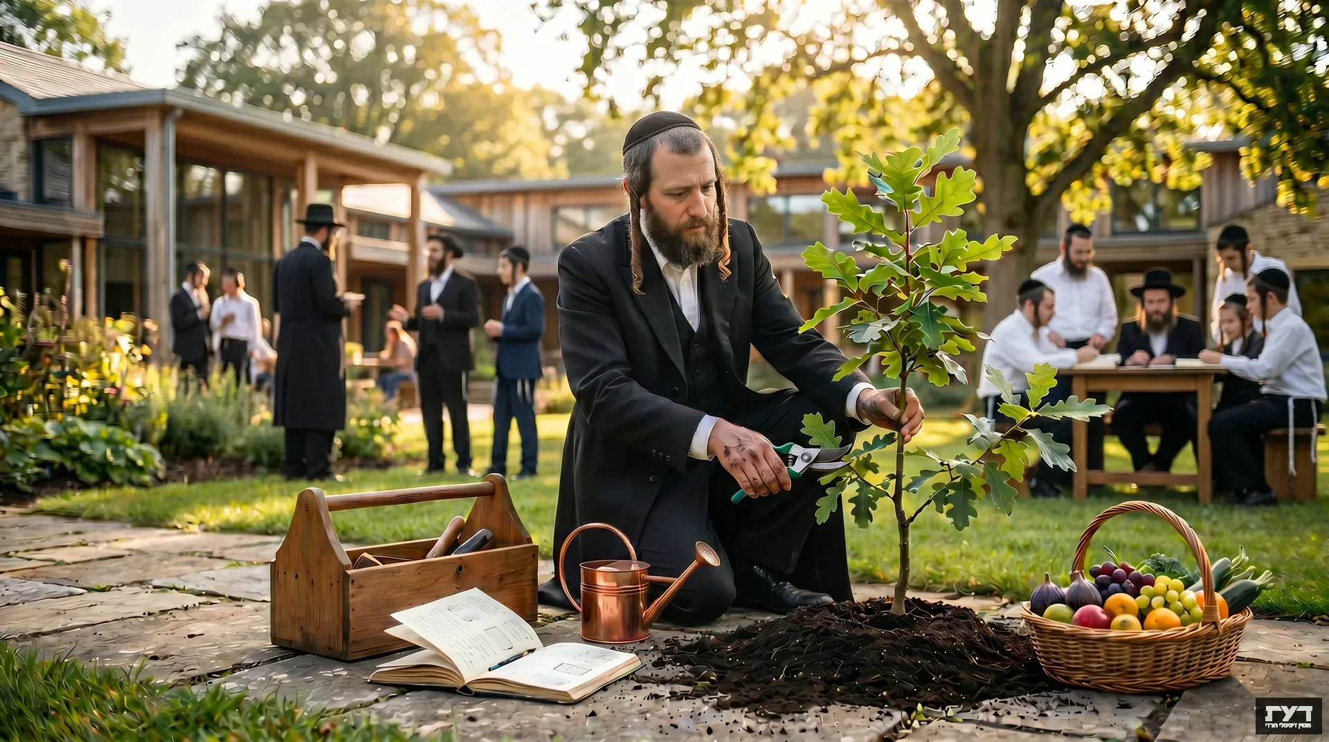 יהודי חרדי כורע ונוטע שתיל עץ בגינה קהילתית, מוקף באנשים ופירות, באווירה חגיגית ושמחה