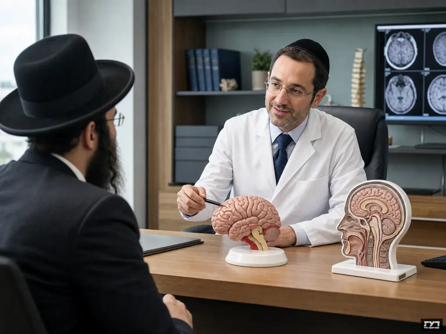 רופא נוירולוג מסביר לחולה חרדי בעזרת דגם מוח אנטומי במהלך ייעוץ רפואי במרפאה נוירולוגית מודרנית