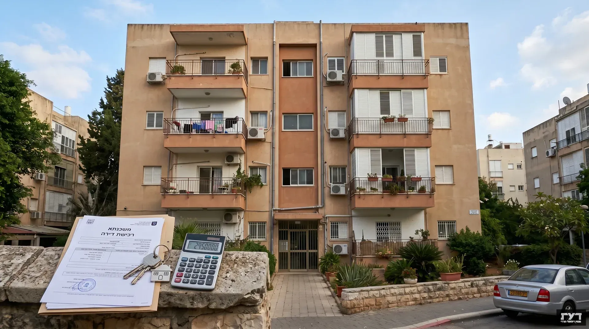 בניין מגורים עם מרפסות מדורגות, מסמכי רכישת דירה, מפתחות ומחשבון בחזית על רקע בית משותף