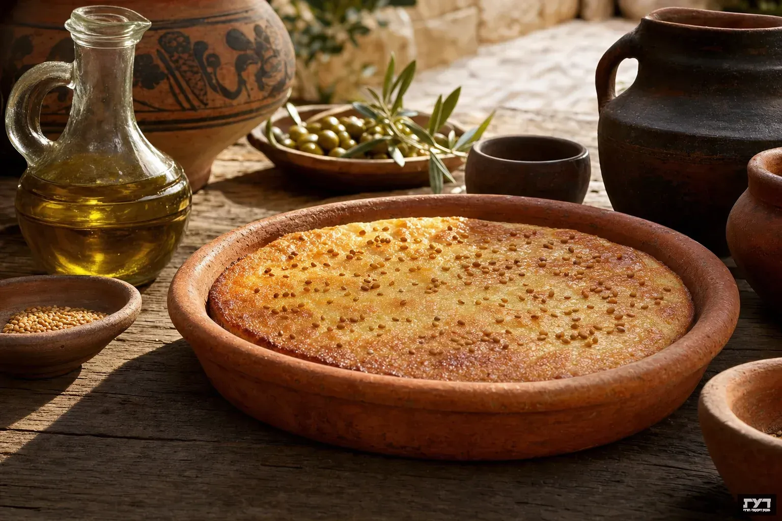 עוגת גבינה רומית סאווילום בכלי חרס עתיק, מעוטרת בזרעי חילבה, על שולחן עץ כפרי עם כלי חרס רומיים ושמן זית