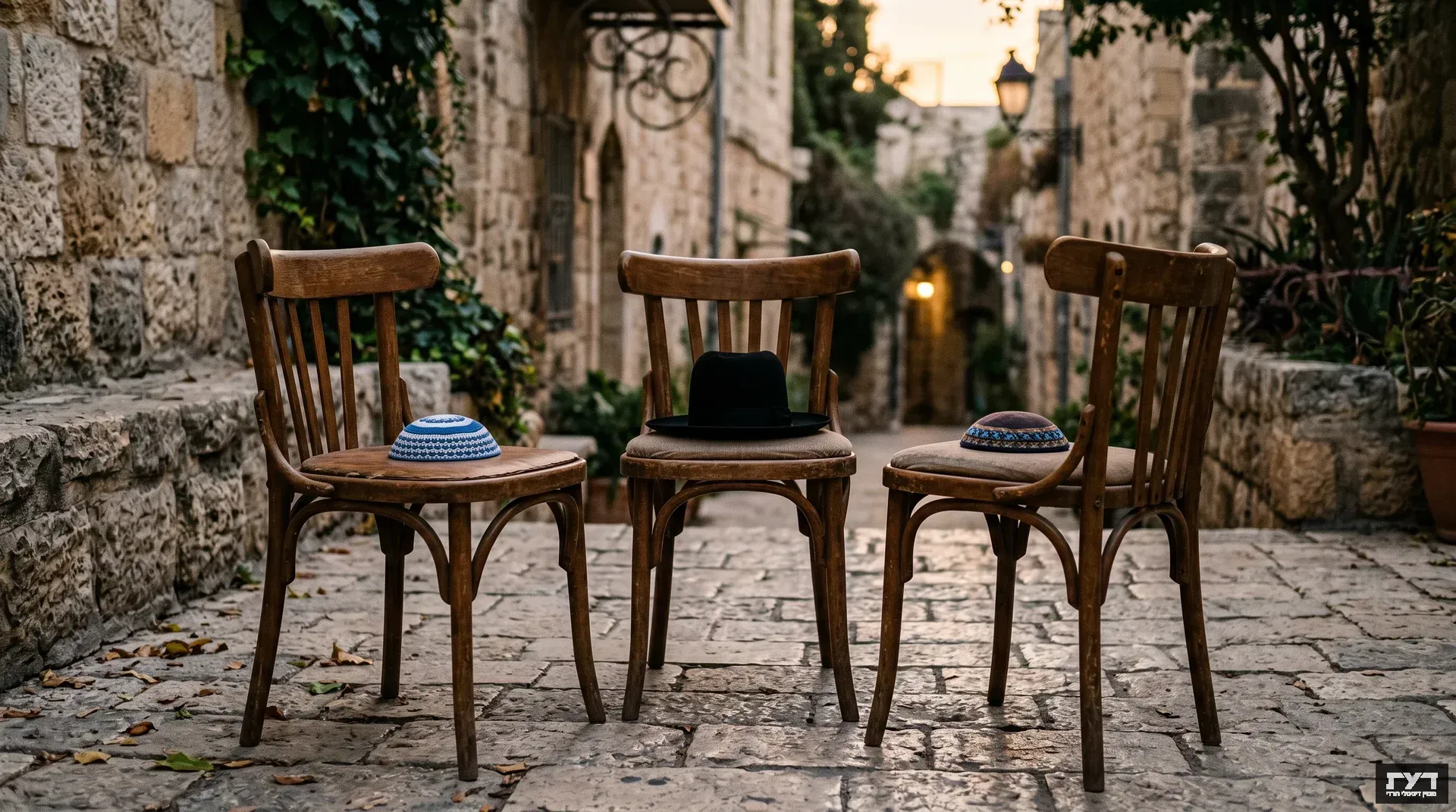 שלושה כיסאות עץ בסמטה ירושלמית עם כיפה סרוגה, כובע חרדי וכיפה קטנה, כשאחד מהם מסובב החוצה