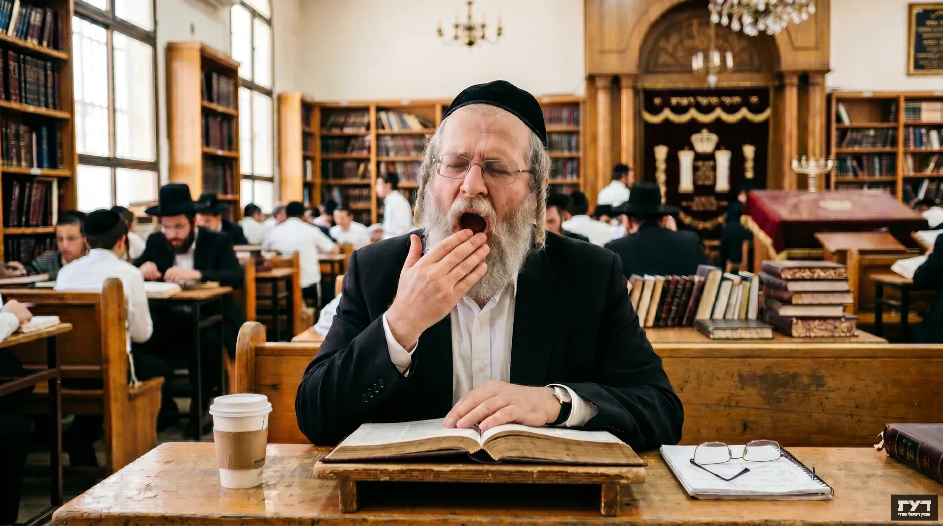 איש חרדי מפהק בעייפות בזמן לימוד ספר בבית מדרש, לצד כוס קפה ומשקפיים על השולחן