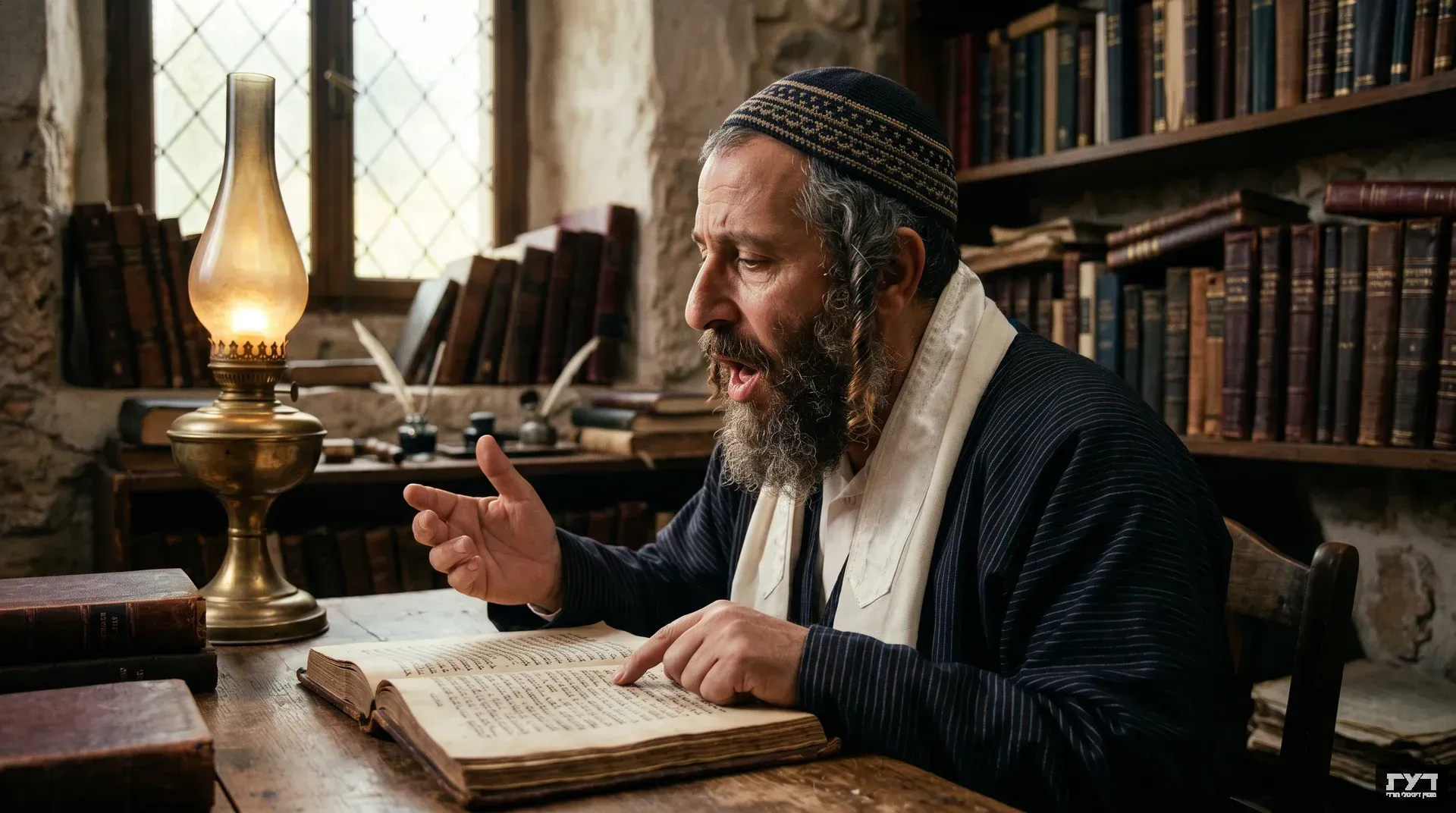 יהודי תימני מקריא טקסט עברי עתיק בחדר לימוד מסורתי עם ספרים, מדגיש הגייה גרונית אותנטית