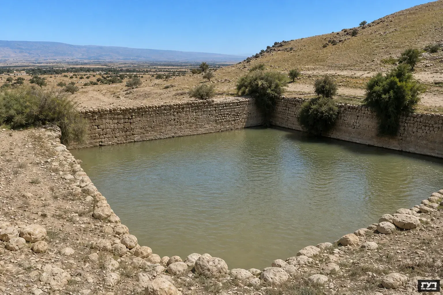 בריכת אגירה עתיקה בנויה אבן מסותתת בנוף מדברי יבש, שמיים כחולים ועמק רחב ברקע