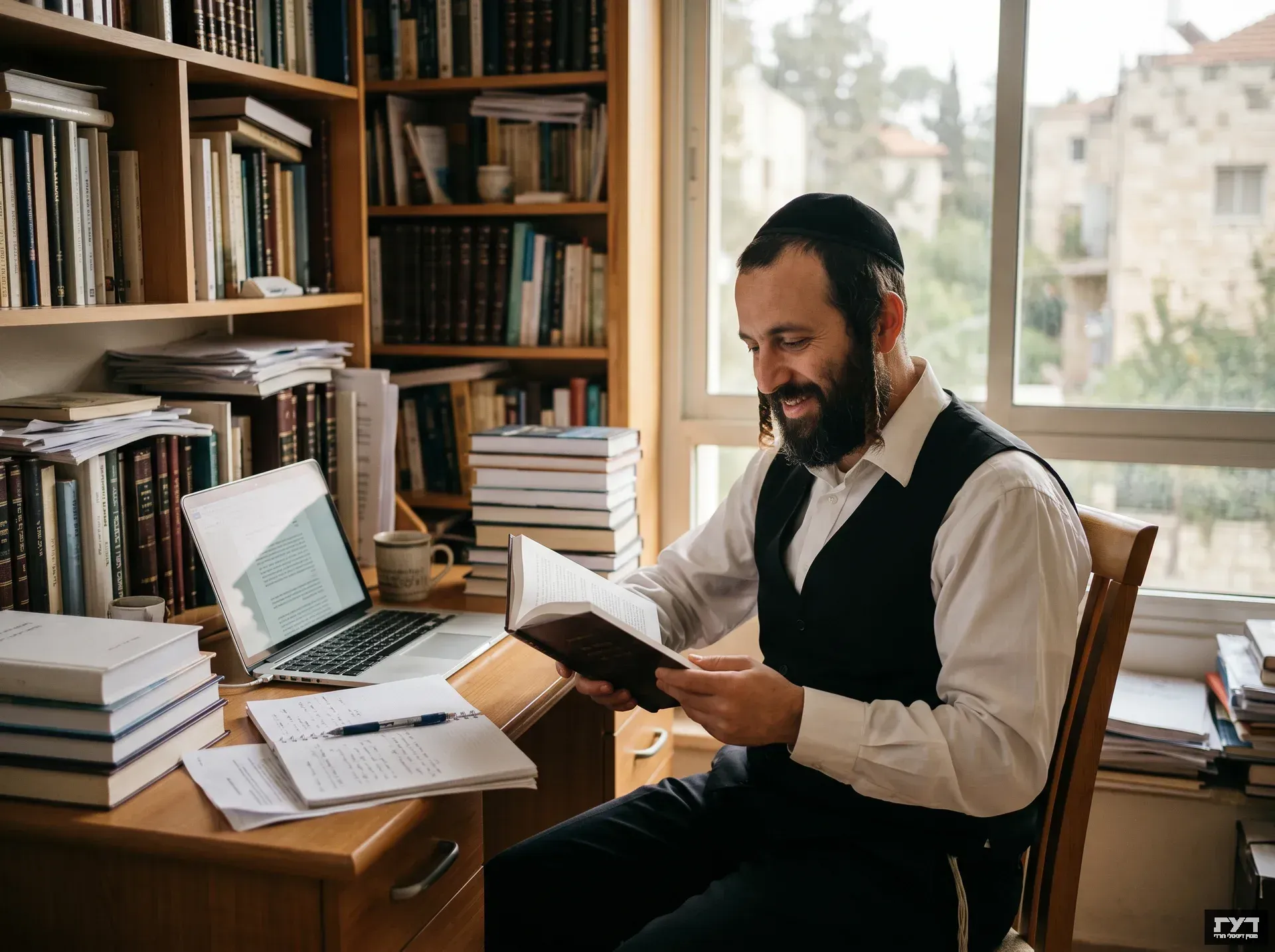 גבר חרדי יושב במשרד ביתי, מחייך תוך עיון בספר שכתב, על רקע ספרייה עמוסה ומחשב נייד פתוח