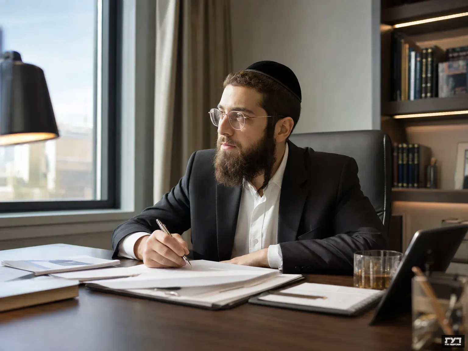 גבר חרדי צעיר יושב ממוקד ליד שולחן עבודה מודרני, אוחז עט ומביט בריכוז, על רקע ספרייה וחלון