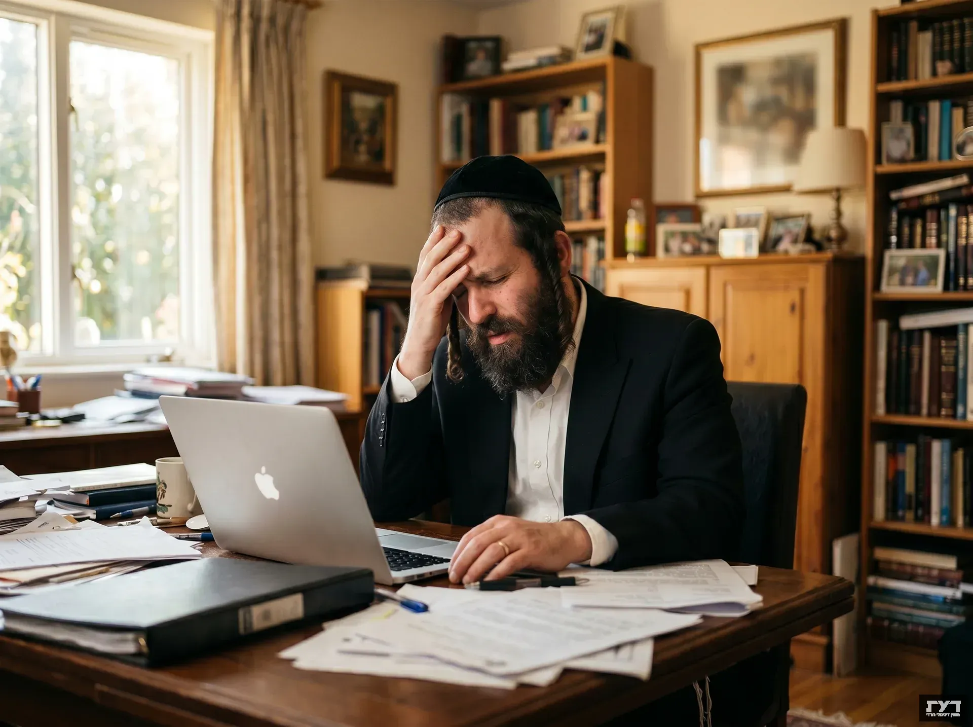 גבר חרדי עם כיפה שחורה קטיפה יושב מול מחשב נייד, ידו על מצחו בתנועת עייפות ולחץ, שולחן עמוס ניירות
