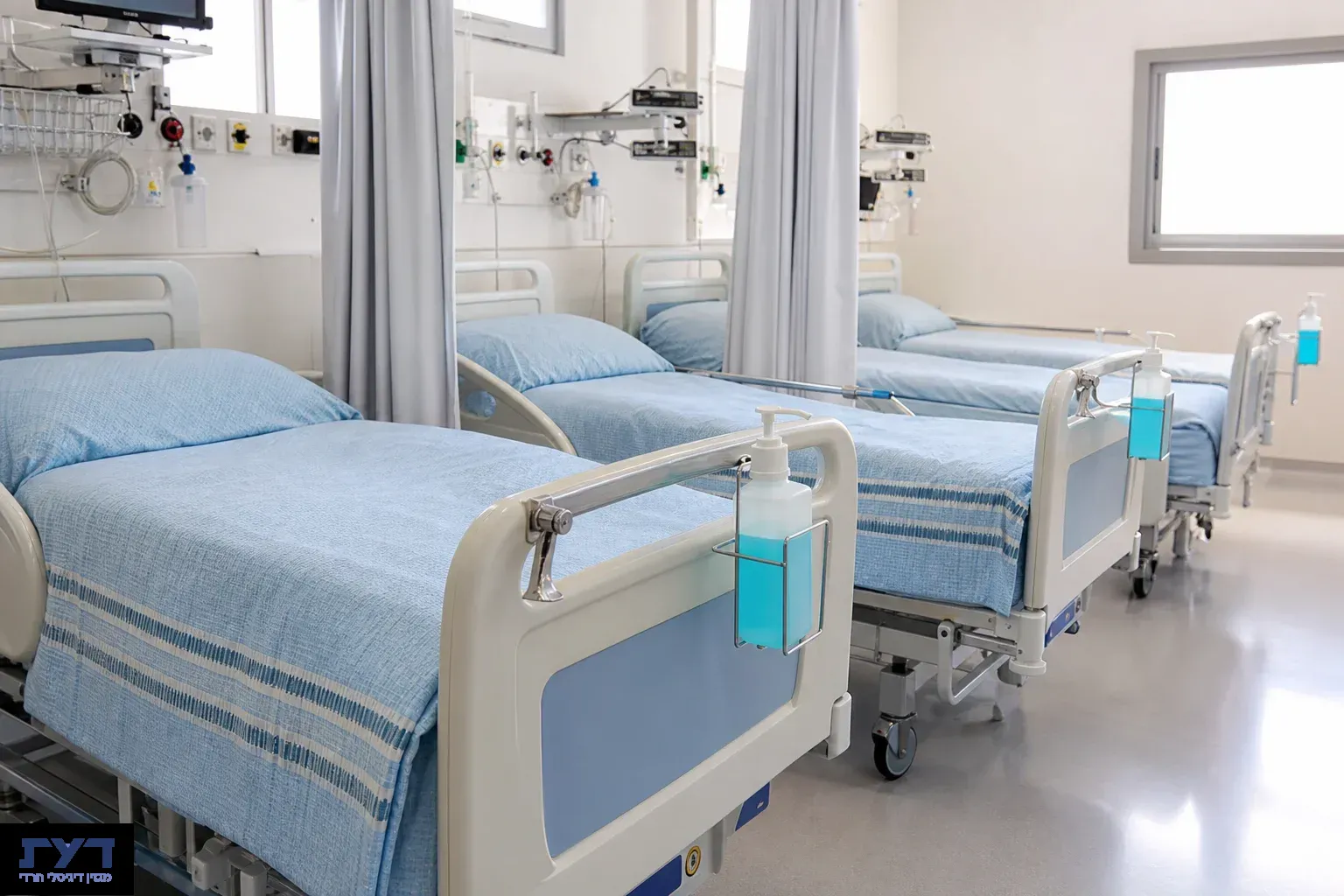 מיטות אשפוז ריקות בבית חולים עם בקבוקי נוזל חיטוי ידיים תלויים על המעקה