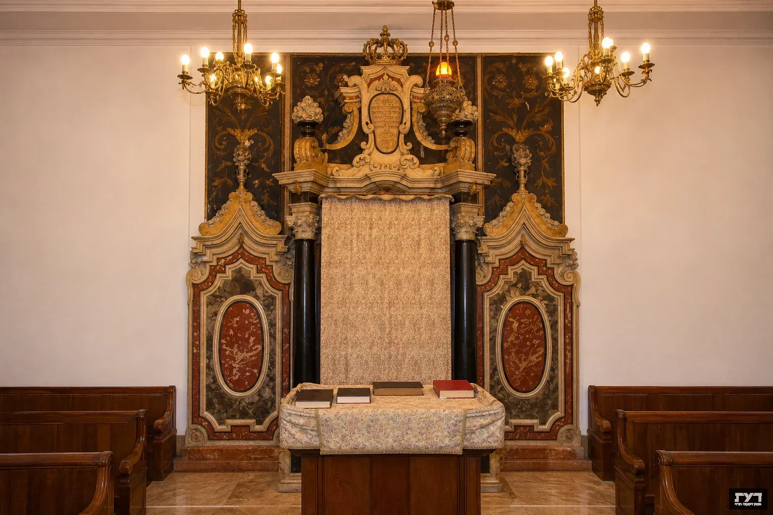 ארון קודש מפואר בסגנון בארוק עם גילופי עץ מוזהבים, פרוכת פרחונית, נברשות זהב ובימה מרכזית