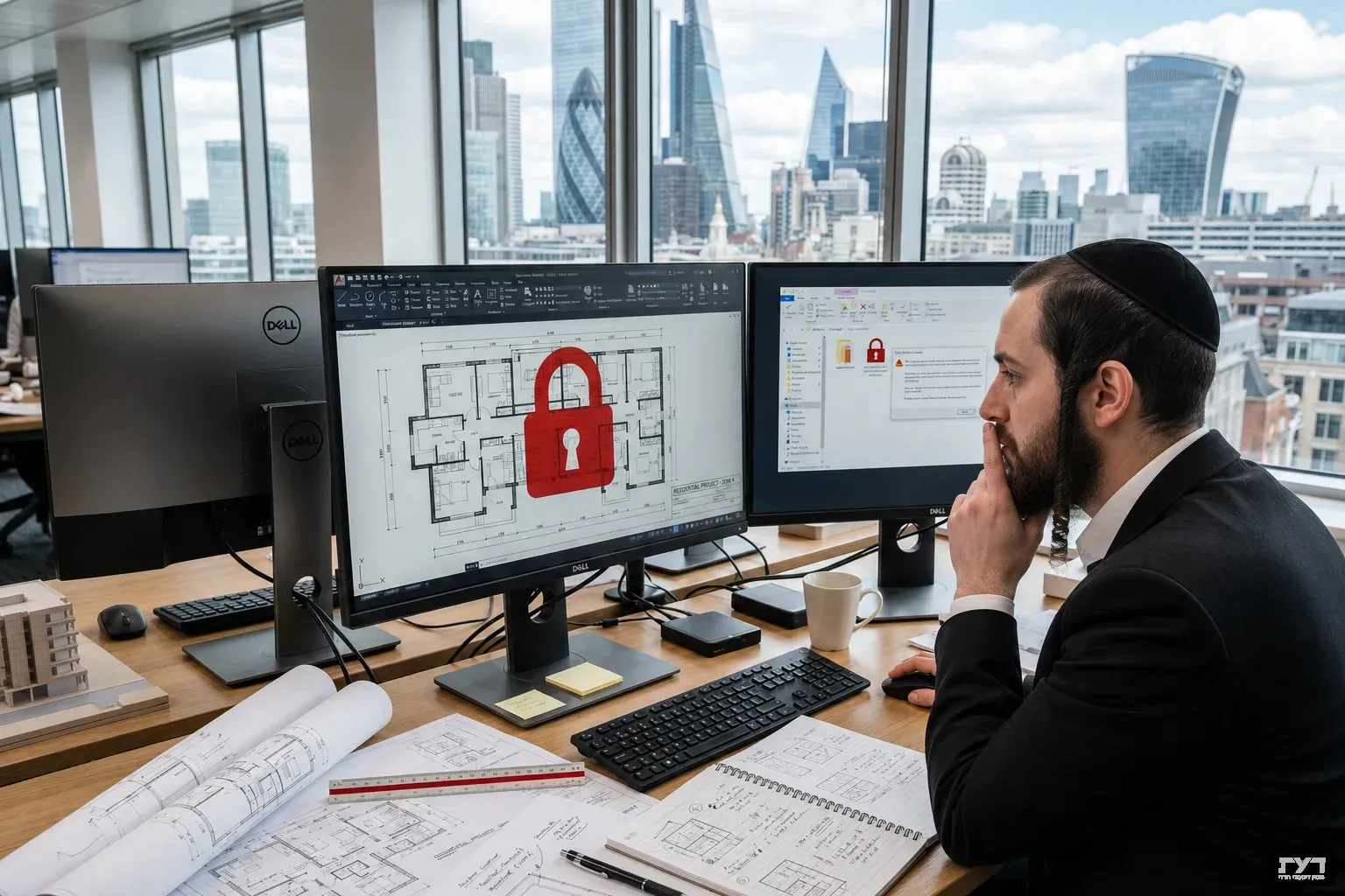 אדריכל חרדי יושב מול מסך AutoCAD ובו מנעול אדום המסמל חסימת גישה לתוכניות בנייה