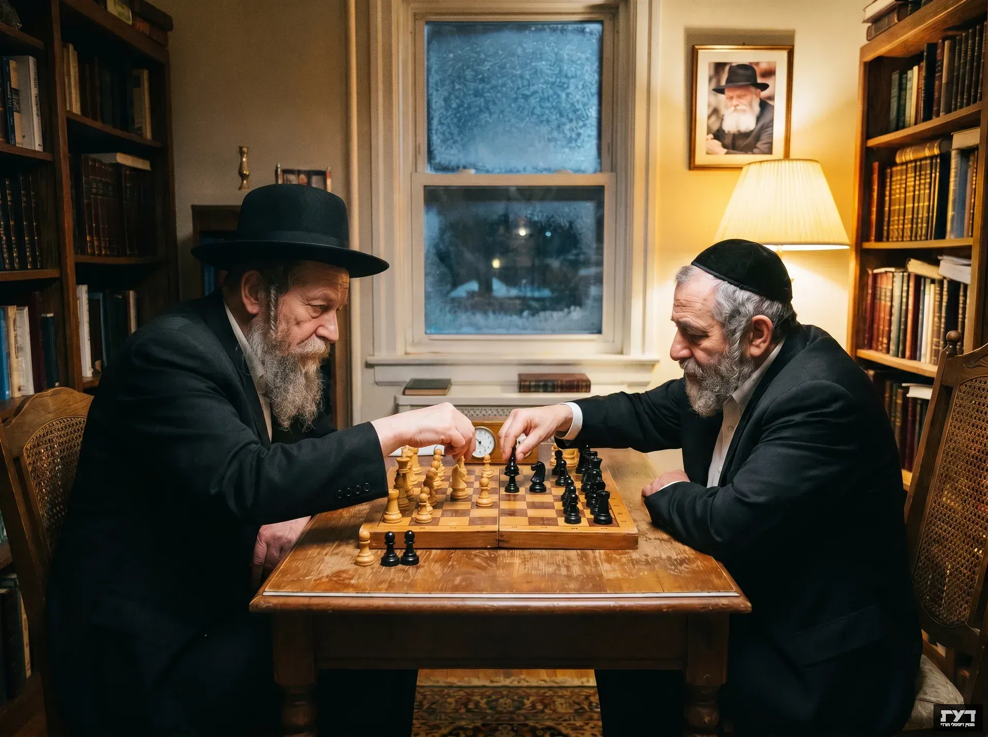 שני גברים יהודים מבוגרים משחקים שחמט בספרייה ביתית חמימה מוארת בתאורה צהבהבת