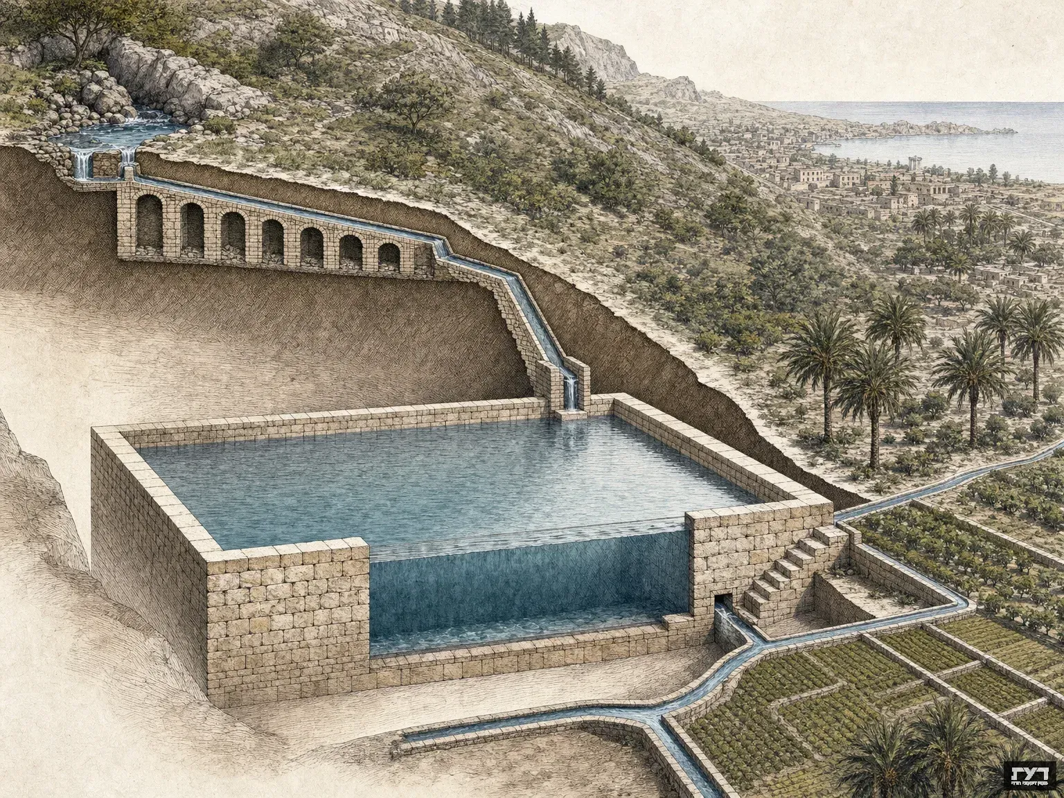 שחזור אדריכלי של מערכת המים ההרודיאנית בפסאליס: אמה, גשר קשתות וברכת אגירה מלבנית מובילים מים לשדות