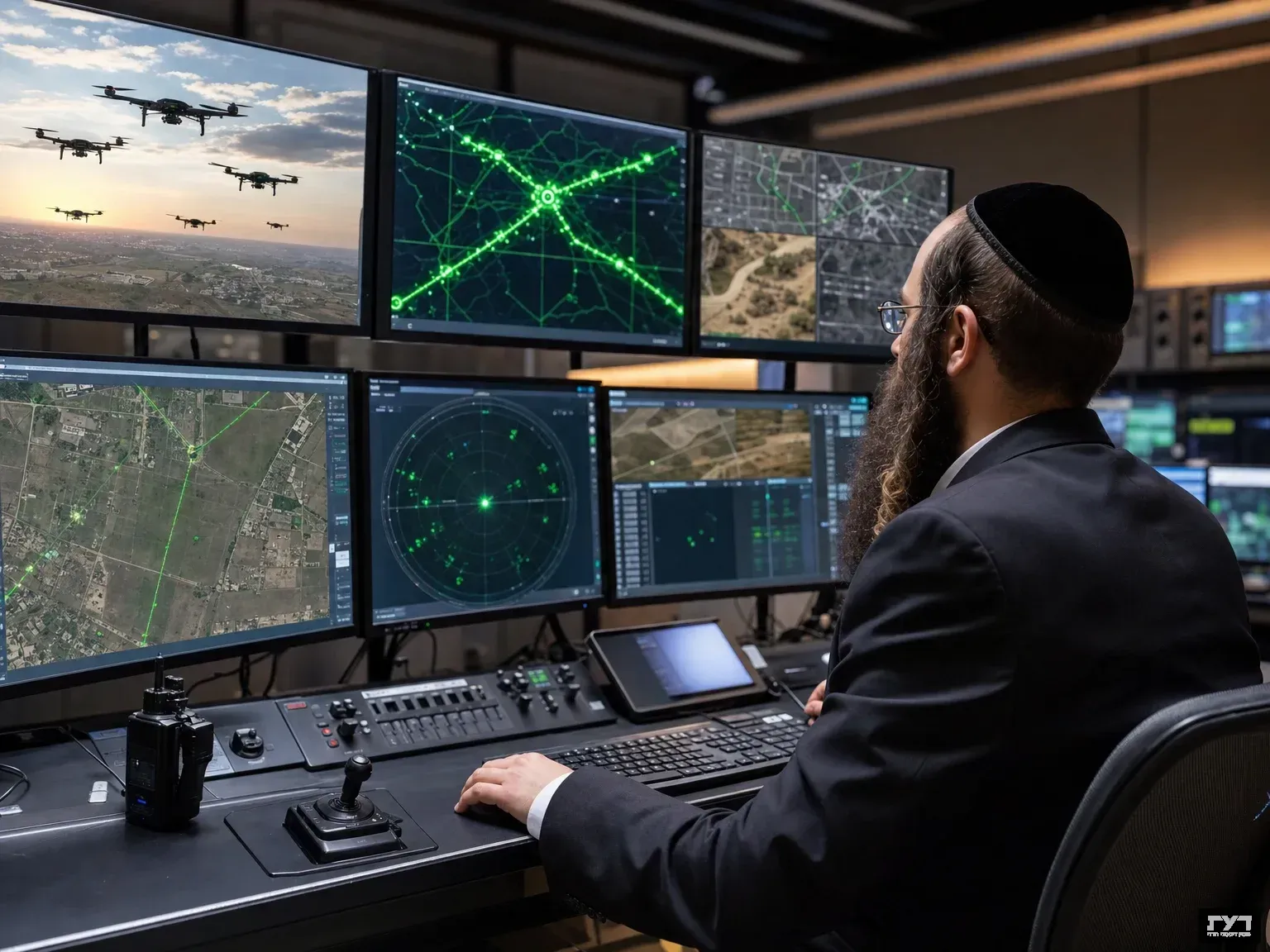 מפעיל חרדי יושב במרכז שליטה ומנטר מסלולי טיסה של רחפנים על מסכים עם תצוגות GPS ורדאר ירוק