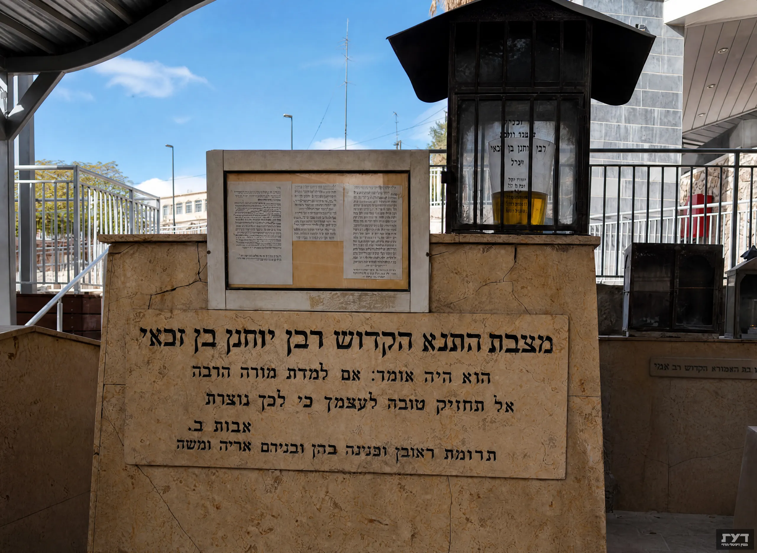 מצבת קבר רבי יוחנן בן זכאי בטבריה עם נר זיכרון ושמיים כחולים ברקע