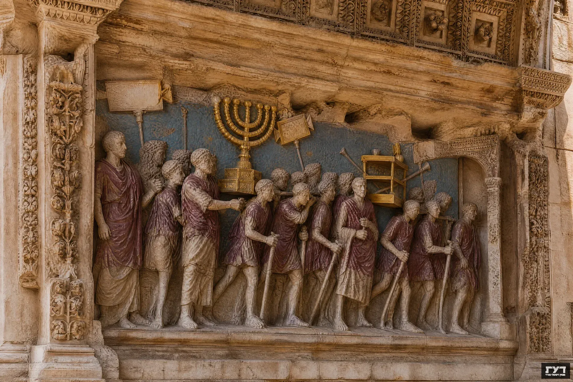 תבליט אבן משער טיטוס ברומא המתאר חיילים נושאים את מנורת המקדש