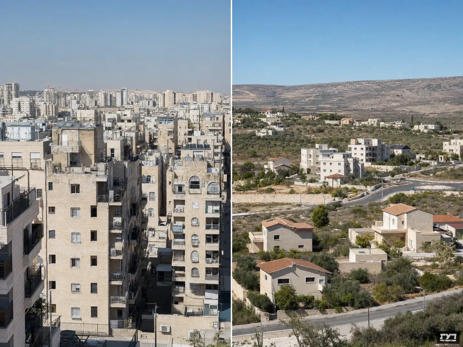 השוואת צפיפות דיור: שכונה עירונית חרדית צפופה מול אזור פריפריאלי מרווח, המדגימה פערי נדל"ן.