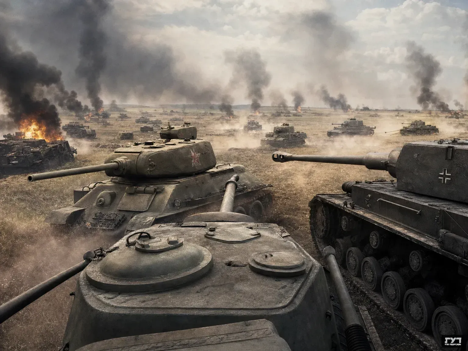 קרב טנקים אינטנסיבי בפרוחורובקה 1943: טנקי T-34 ופאנצר בעימות ישיר, עשן ואש ממלאים את שדה הקרב.