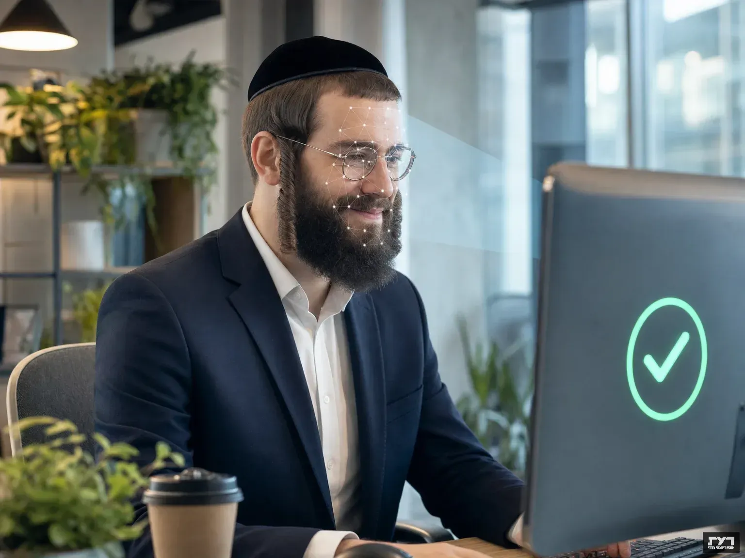 גבר חרדי בלבוש עסקי עובר זיהוי פנים ביומטרי בהצלחה מול מסך מחשב במשרד