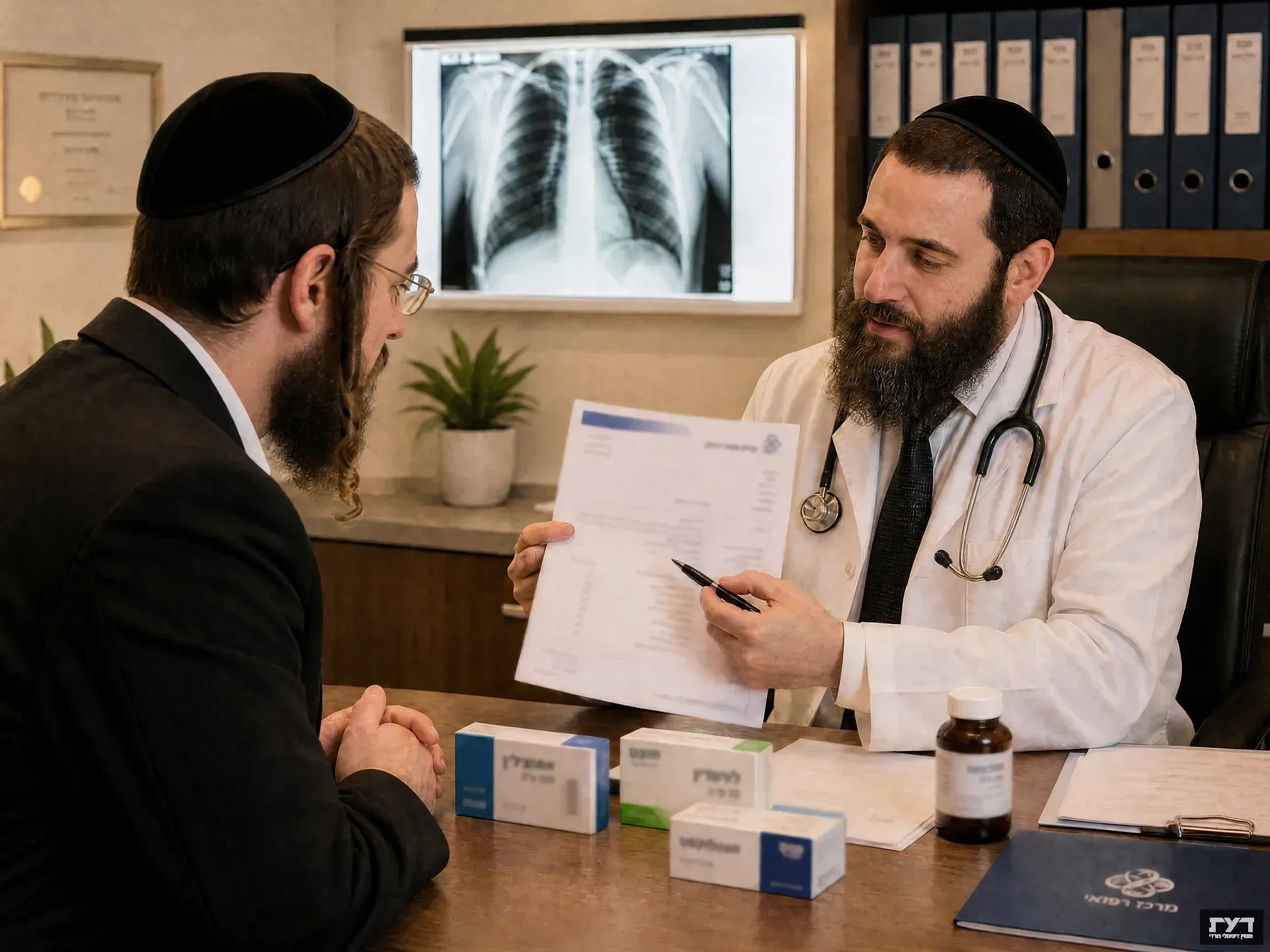 רופא חרדי מסביר למטופל על דף רפואי בחדר קליני עם רנטגן וקופסאות תרופות