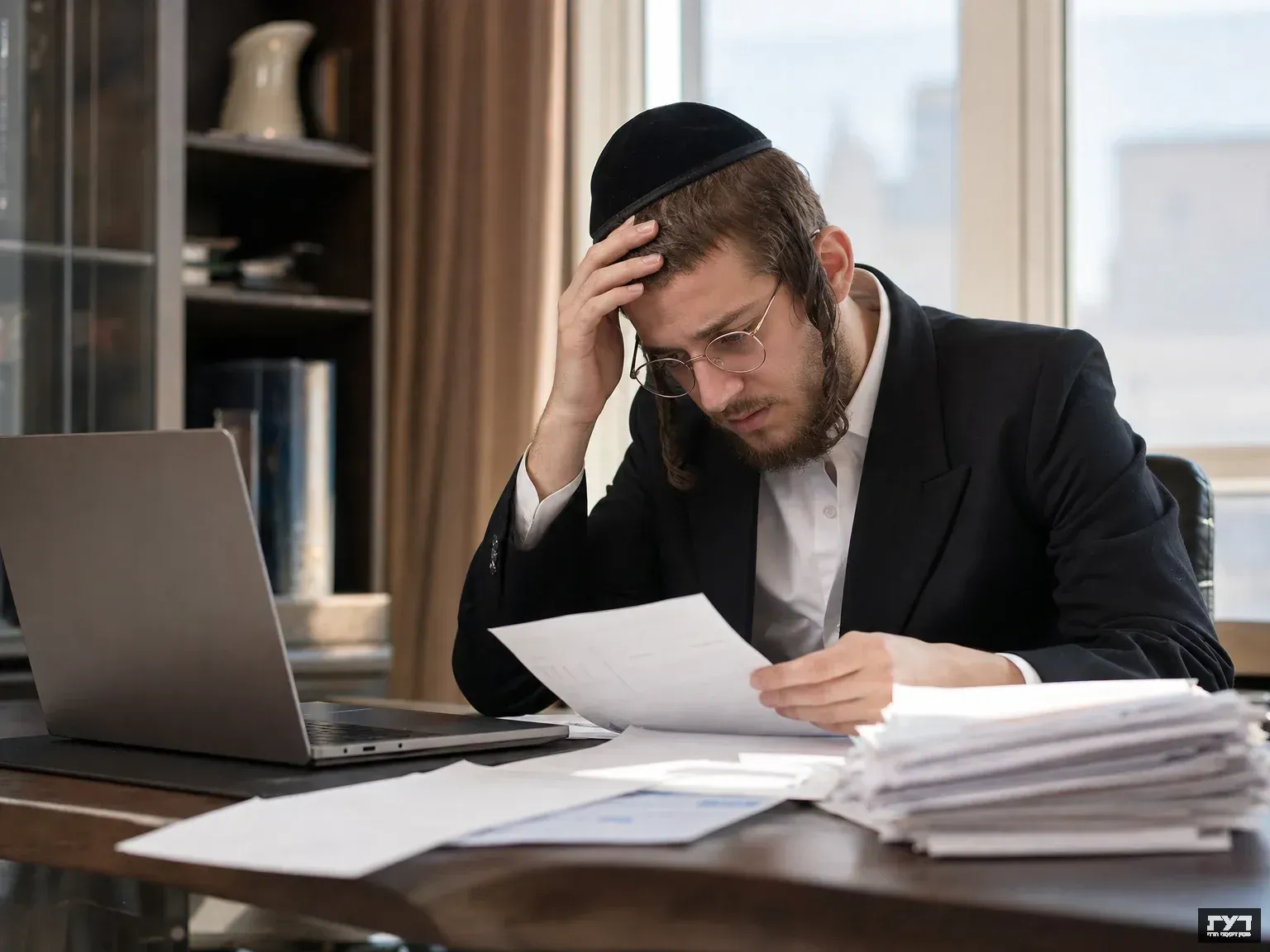 גבר חרדי צעיר מחזיק ראשו בדאגה למראה ערימת חשבונות ומסמכים פיננסיים על השולחן