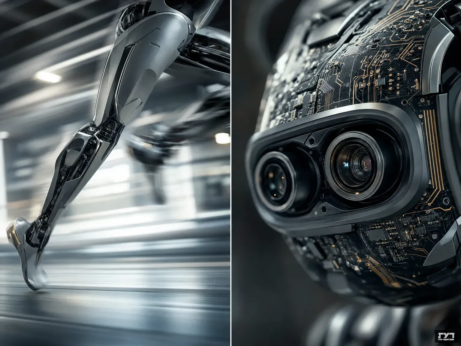 רגל רובוט הומנואידי בתנועה מהירה לצד תקריב של חיישנים אופטיים ומעגלים אלקטרוניים
