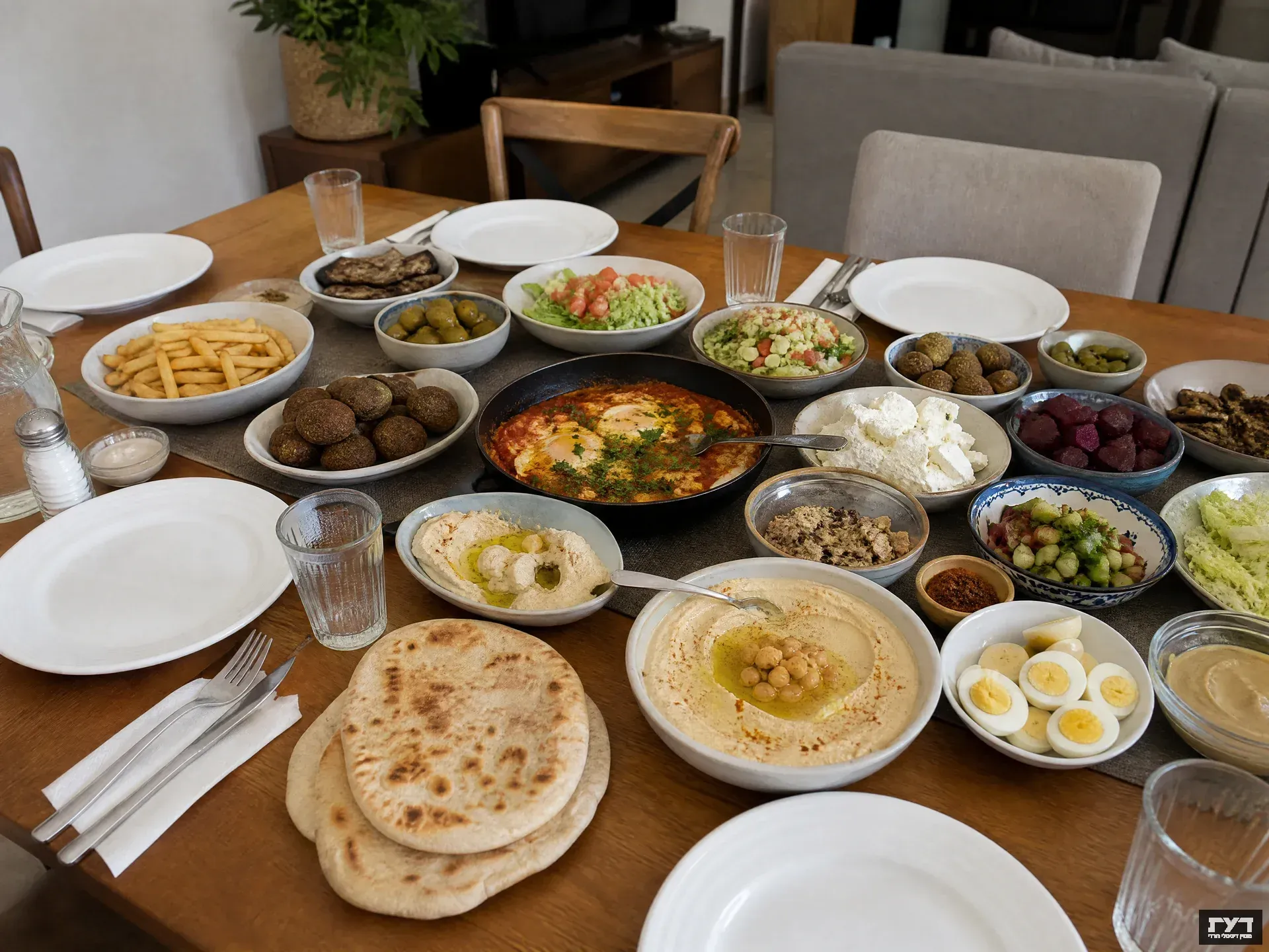 שולחן עמוס ארוחה ישראלית עם שקשוקה, חומוס, פלאפל ופיתות טריות