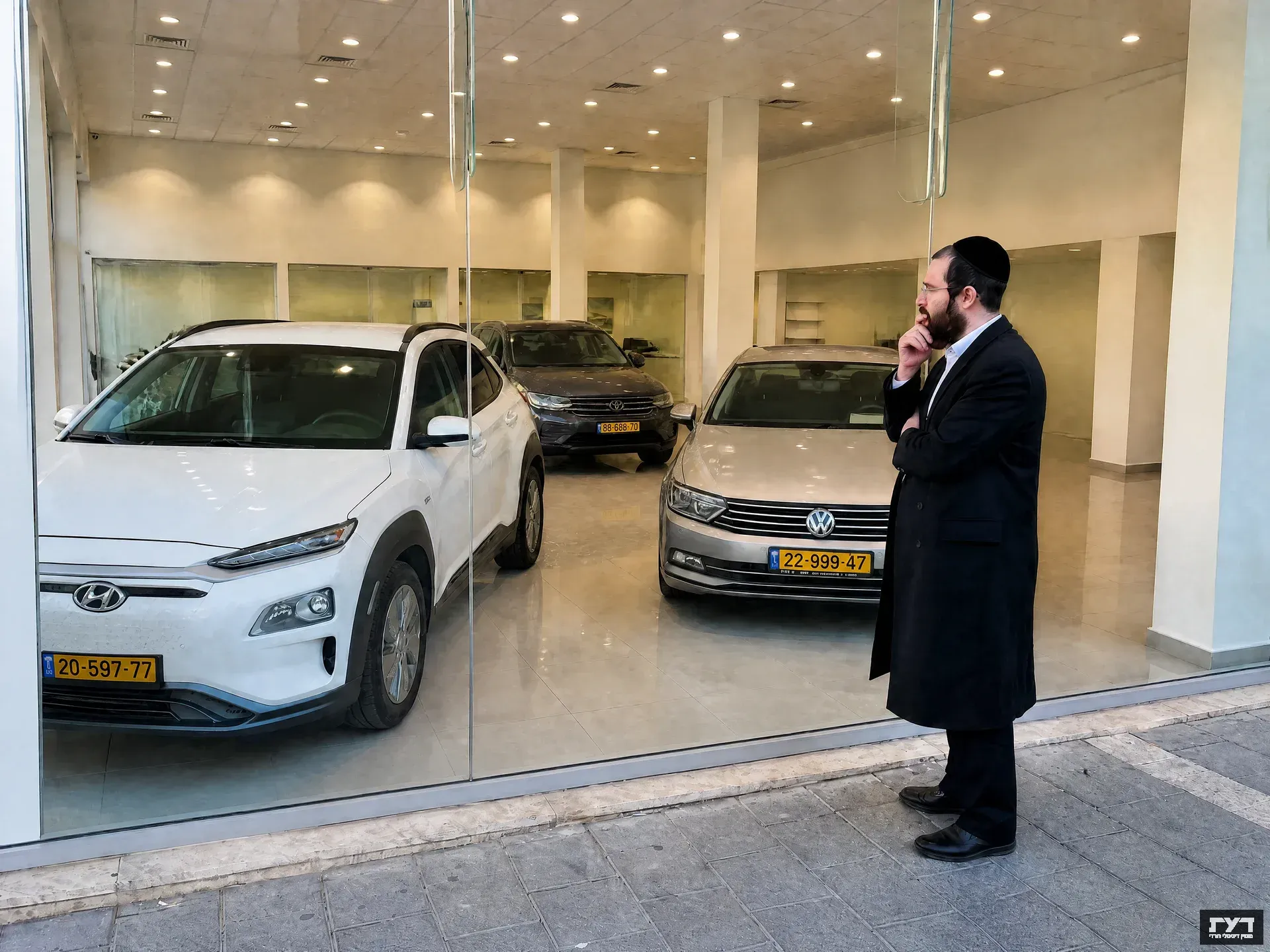 גבר חרדי מתבונן דרך חלון ראווה באולם תצוגה של מכוניות