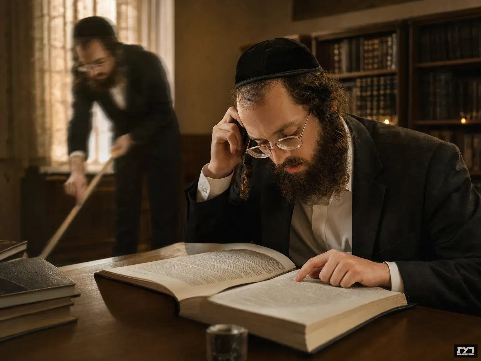 גבר חרדי לומד בספר קודש בריכוז מלא מול דמות מטושטשת ברקע העוסקת בשגרה