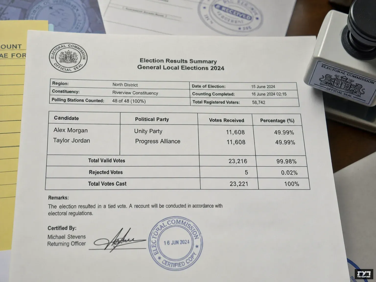מסמך רשמי המציג תוצאות בחירות שוות עם 11,608 קולות לכל מתמודד וחותמת ועדת בחירות