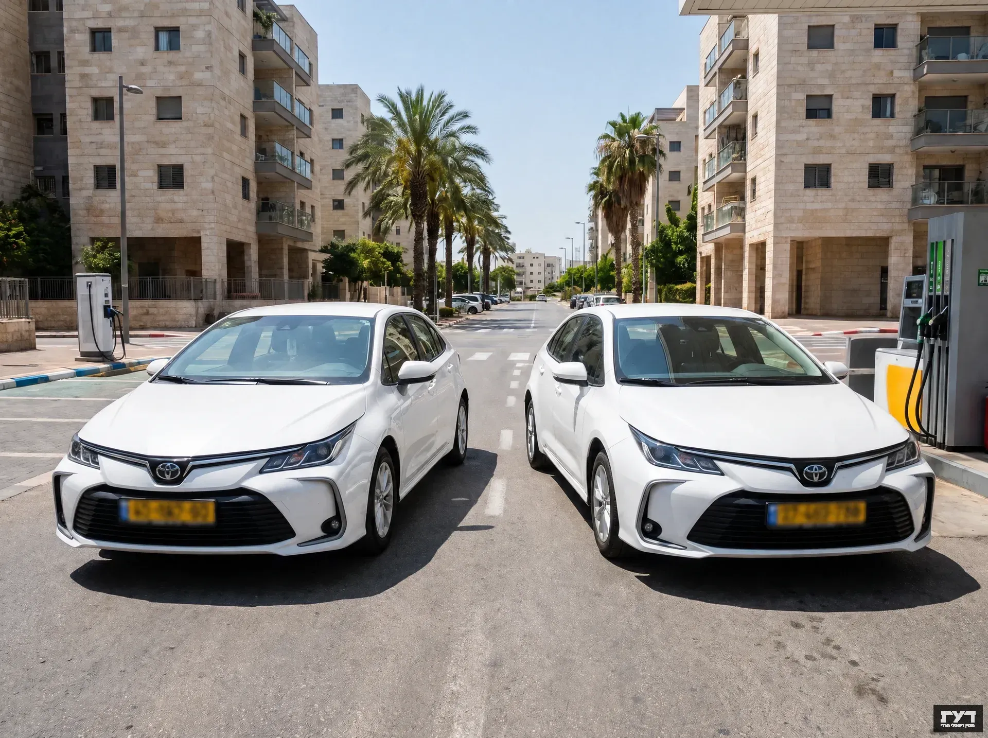 שני רכבי טויוטה קורולה לבנים חונים ברחוב מגורים עם דקלים בישראל