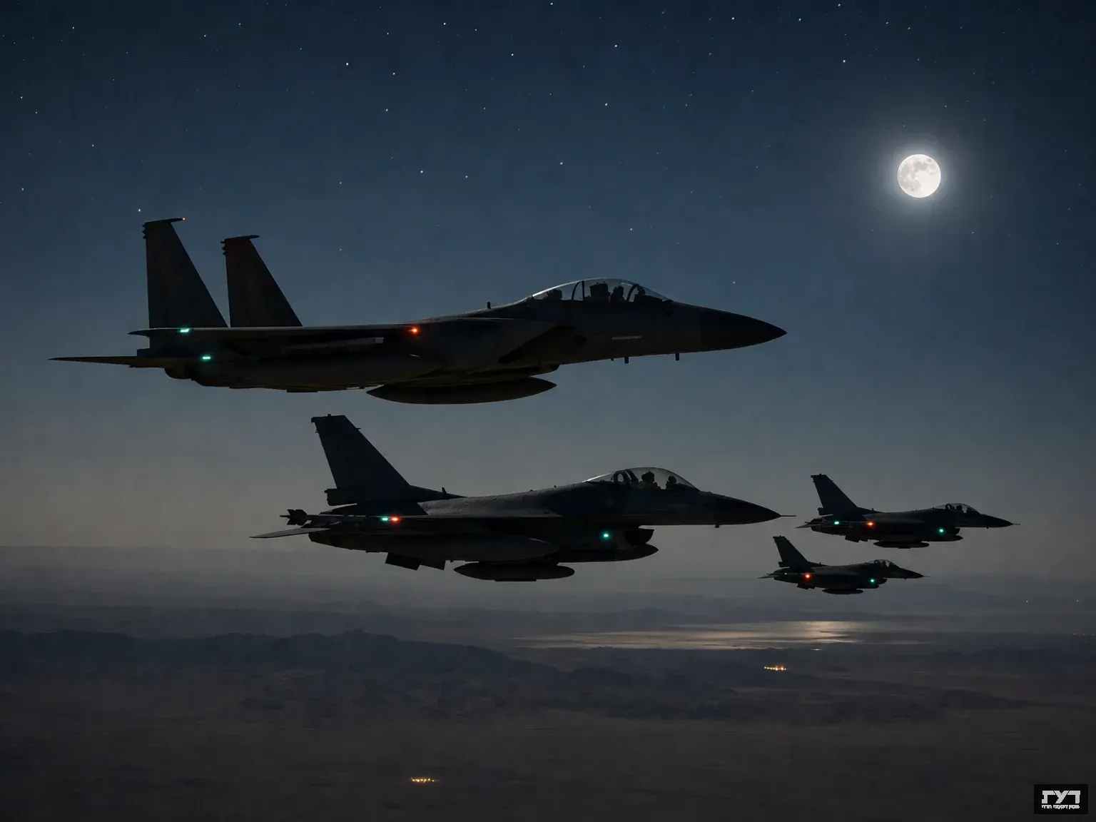 מטוסי קרב F-15 ו-F-16 של חיל האוויר במבנה טיסה לילי מעל המדבר