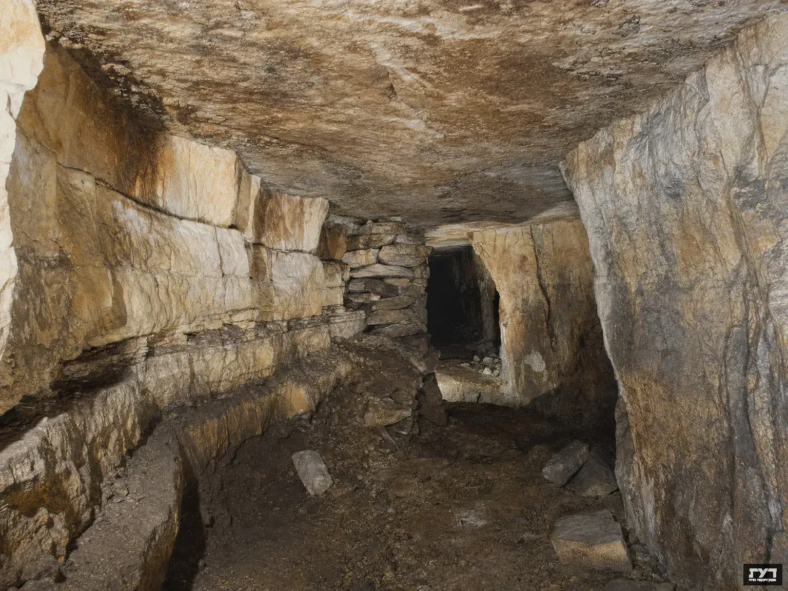 מנהרה תת-קרקעית באבן גיר עם קירות סלע טבעיים ומעבר חשוך