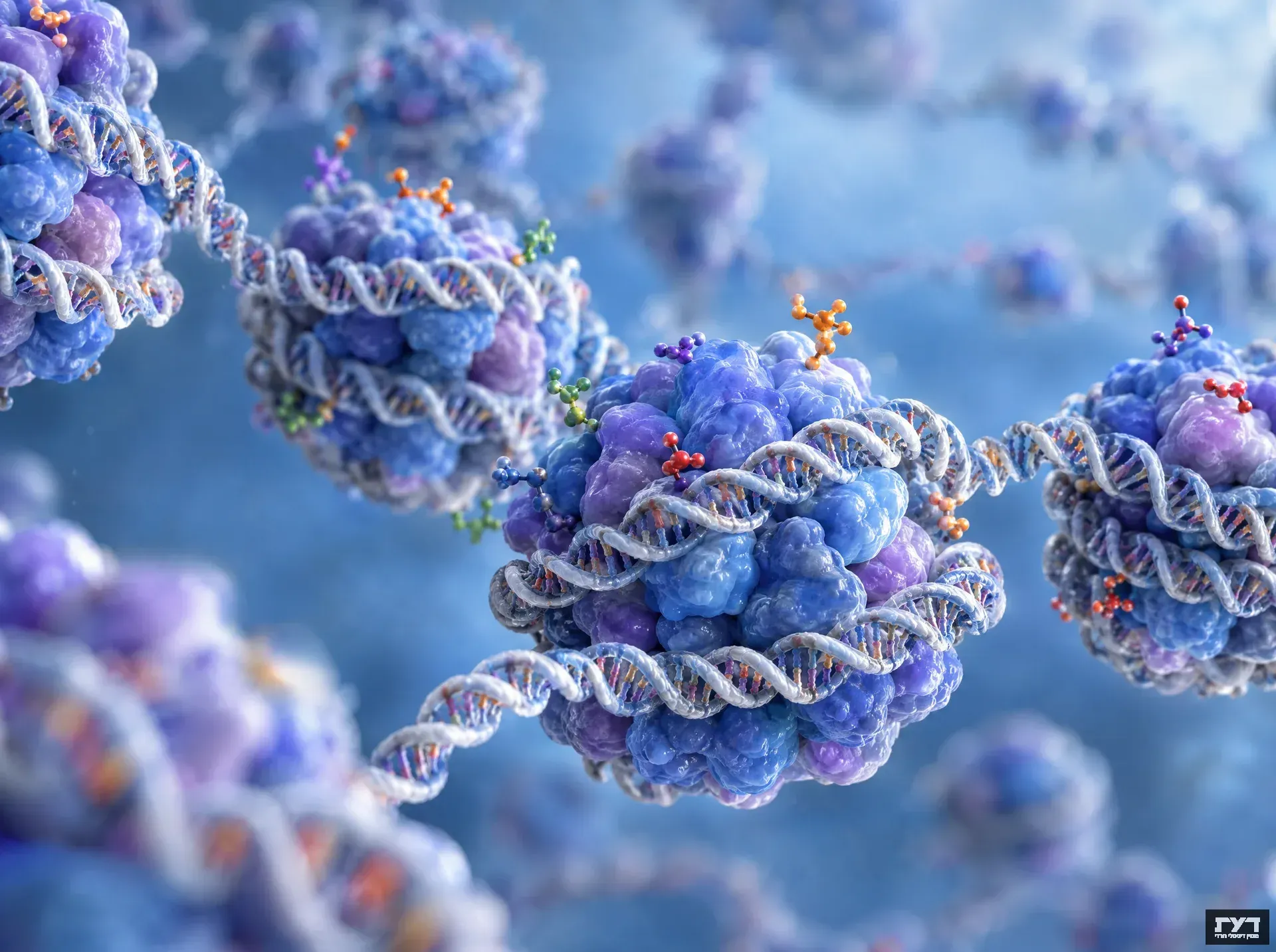נוקלאוזומים בהדמיה תלת-ממדית: DNA מלופף סביב היסטונים כחולים עם סמנים כימיים אפיגנטיים צבעוניים