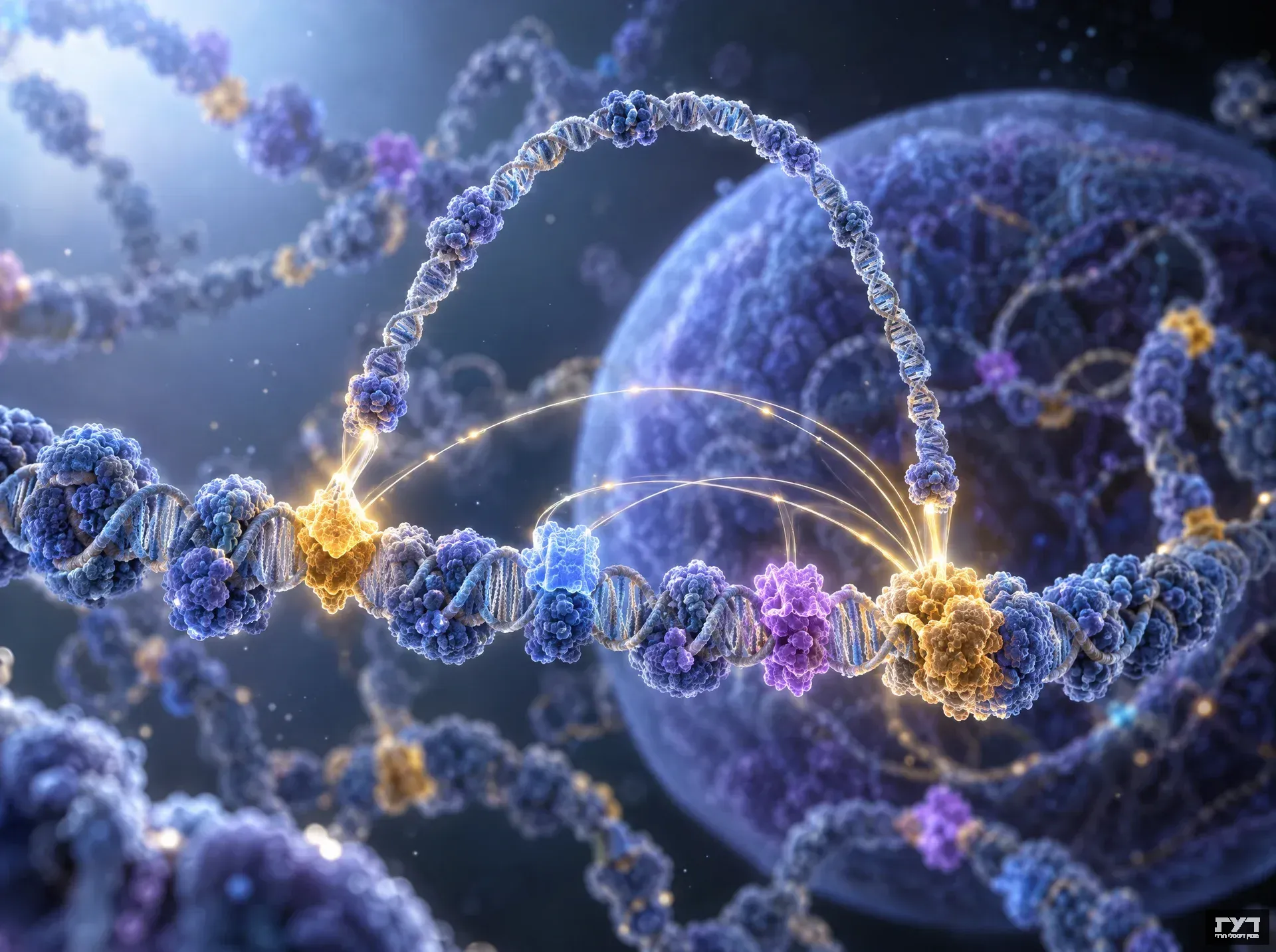 הדמיה של לולאת DNA וקווי אור זוהבים המחברים מגבר רחוק לפרומוטור של גן, בגוני כחול וסגול