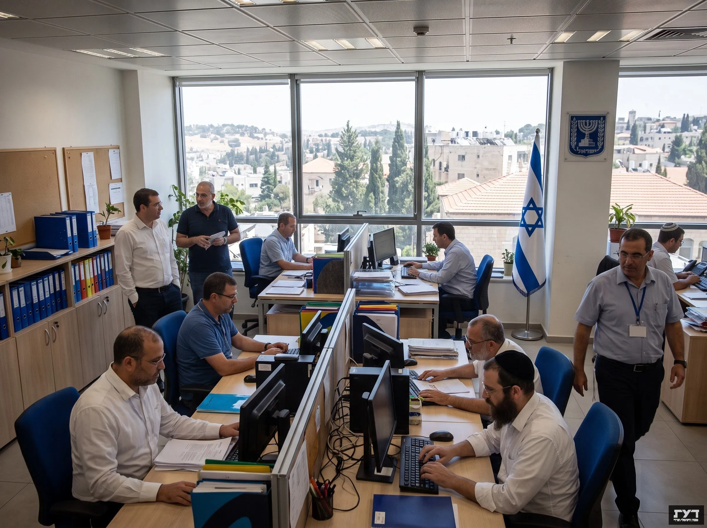 עובדי משרד ממשלתי בירושלים, ביניהם גבר חרדי עם כיפה שחורה, עובדים ליד מחשבים ולצד דגל ישראל