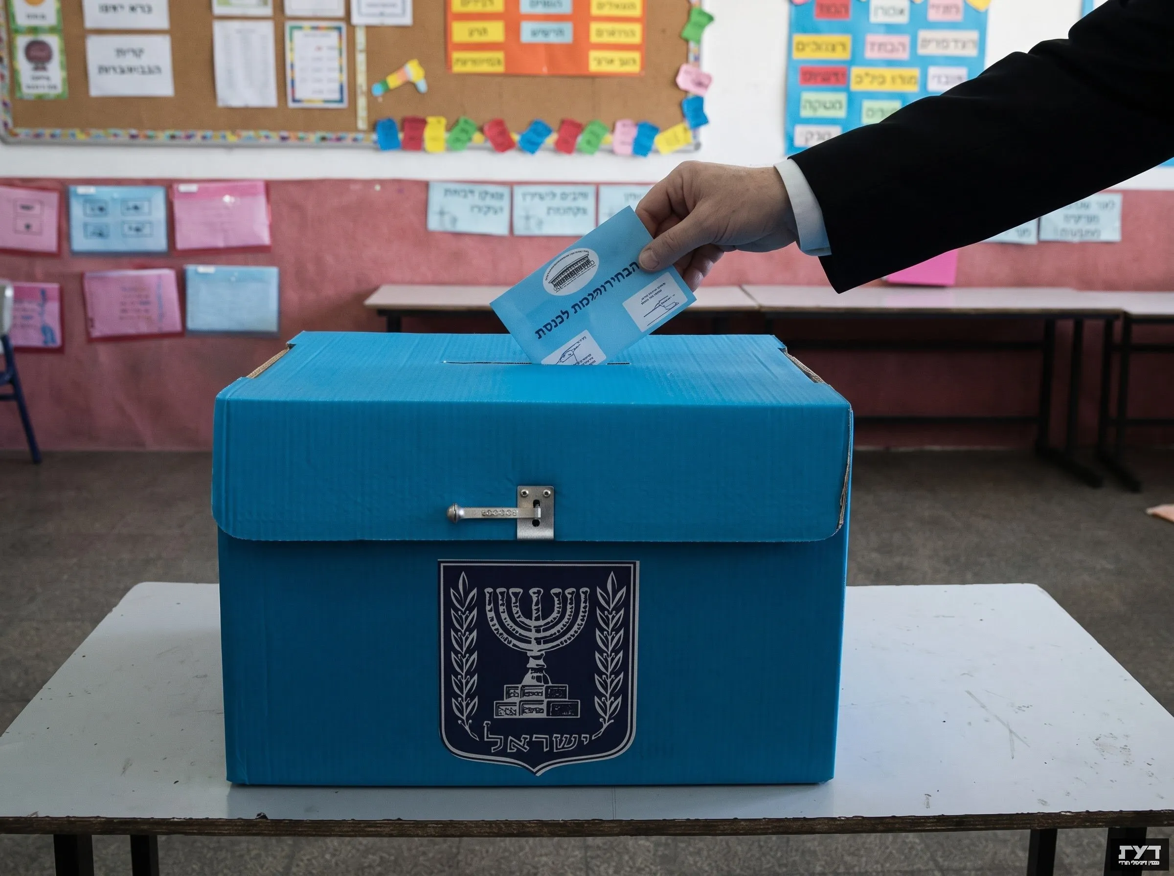 יד מכניסה מעטפת הצבעה לקלפי כחולה עם סמל המדינה בכיתת בית ספר בבחירות לכנסת