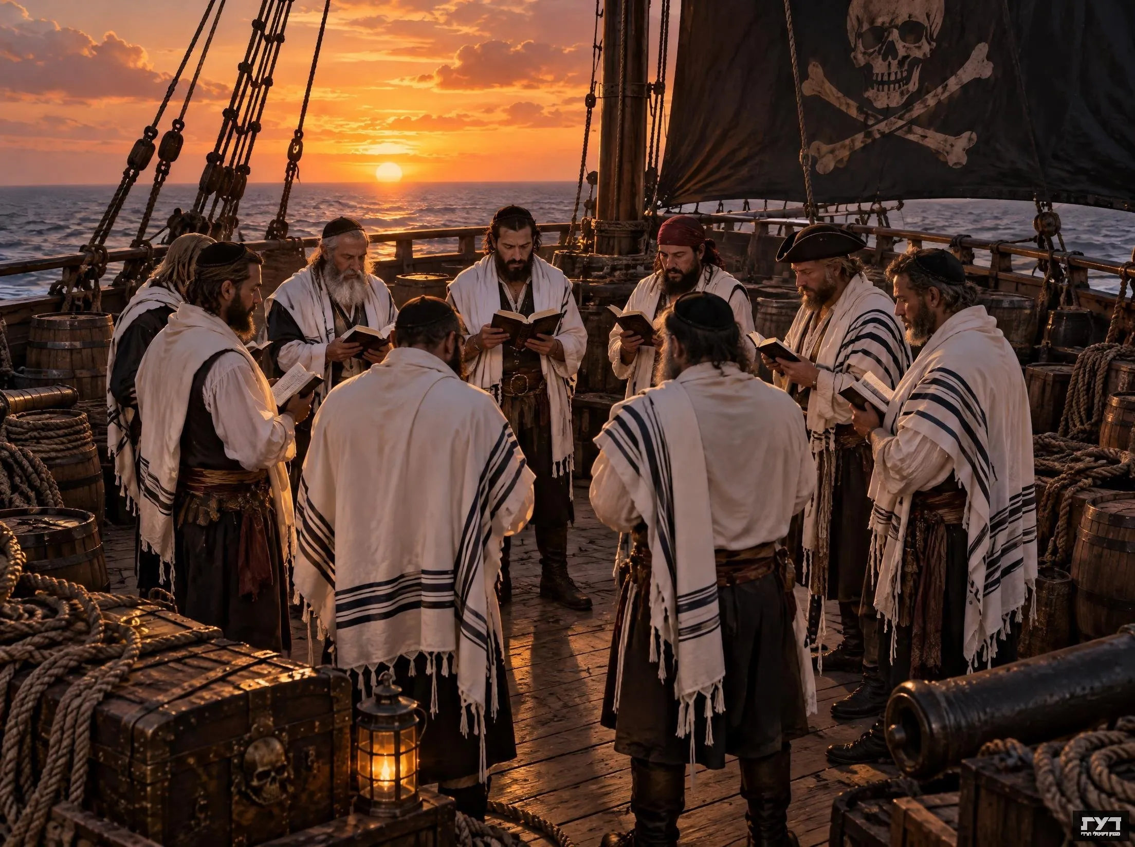 עשרה גברים בטליתות מתפללים במעגל על סיפון ספינת פיראטים בשקיעה, מתחת למפרש שחור עם גולגולת