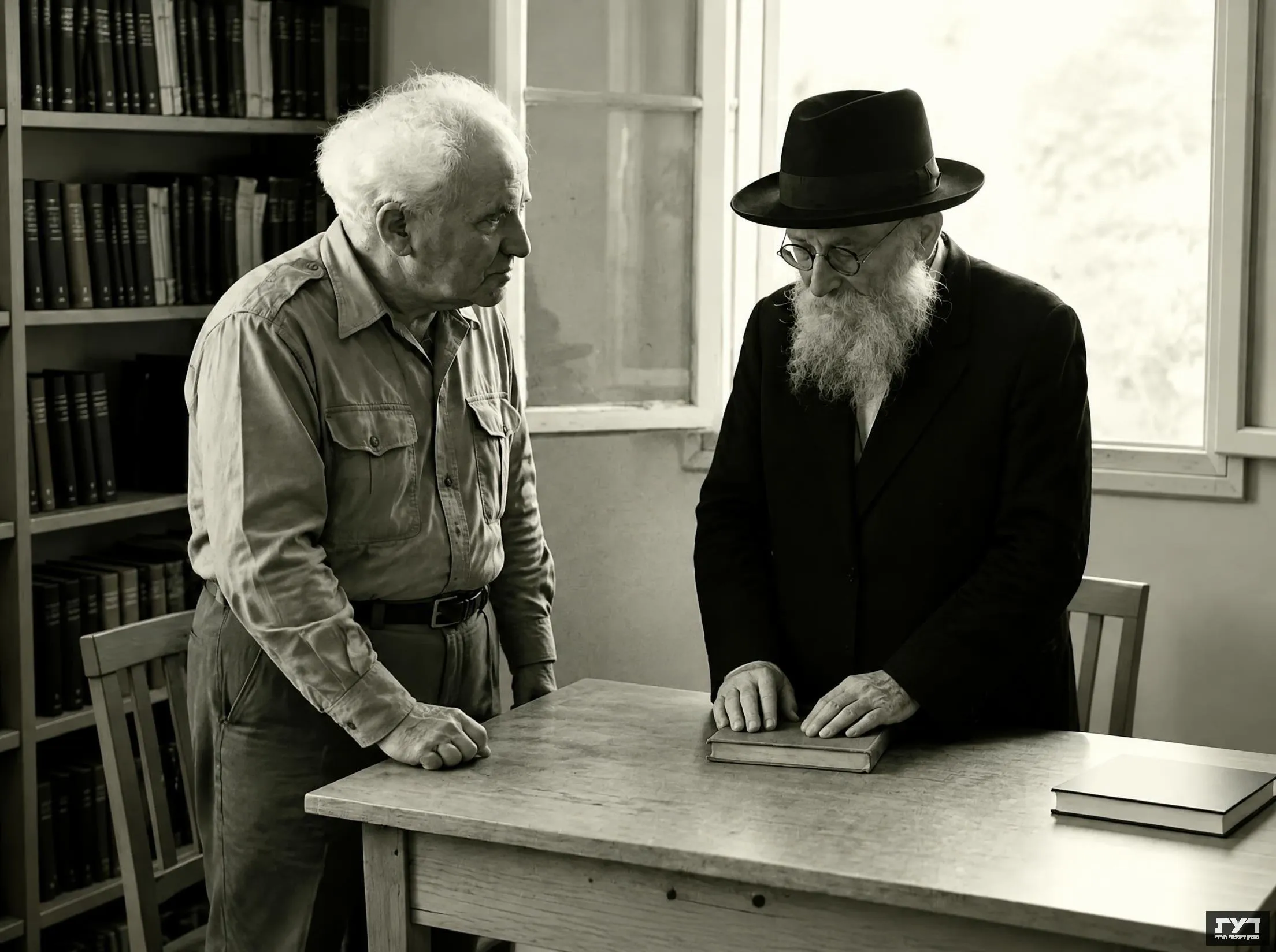 שני גברים מבוגרים עומדים משני צדי שולחן בספרייה ומשוחחים, אחד עם כובע וזקן לבן ושני עם שיער לבן